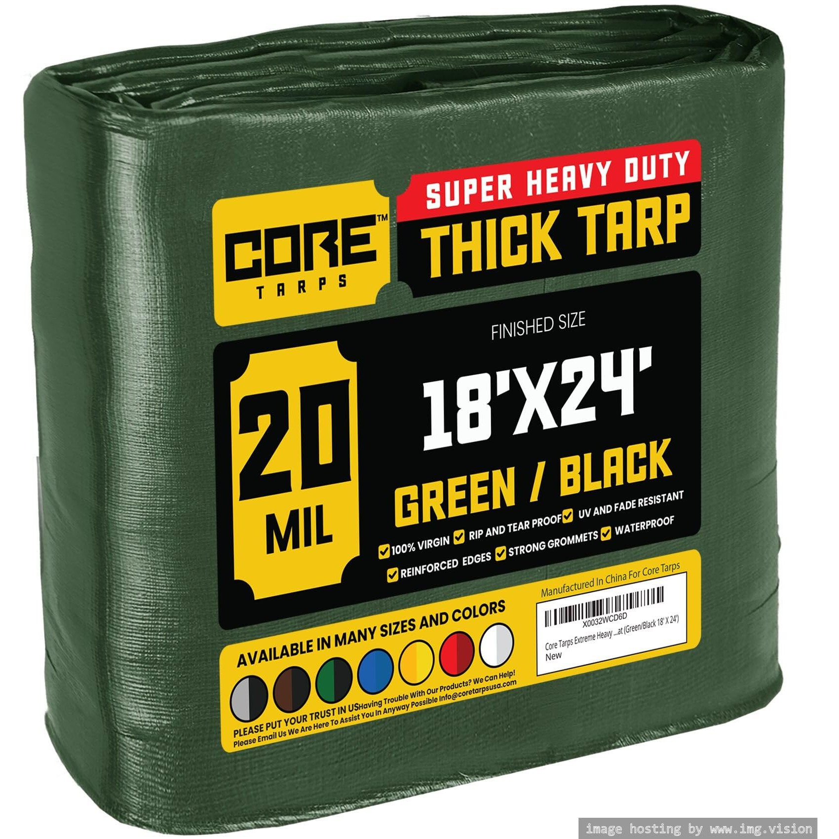 Core Tarps Extreme Heavy Duty 20 Mil Tarp Cover  Waterproof  Uv Resistant  Rip And Tear Proof  Poly Tarpaulin With Reinforced Edges For Roof  Camping  Patio  Pool  Boat (Green/Black 18' X 24')