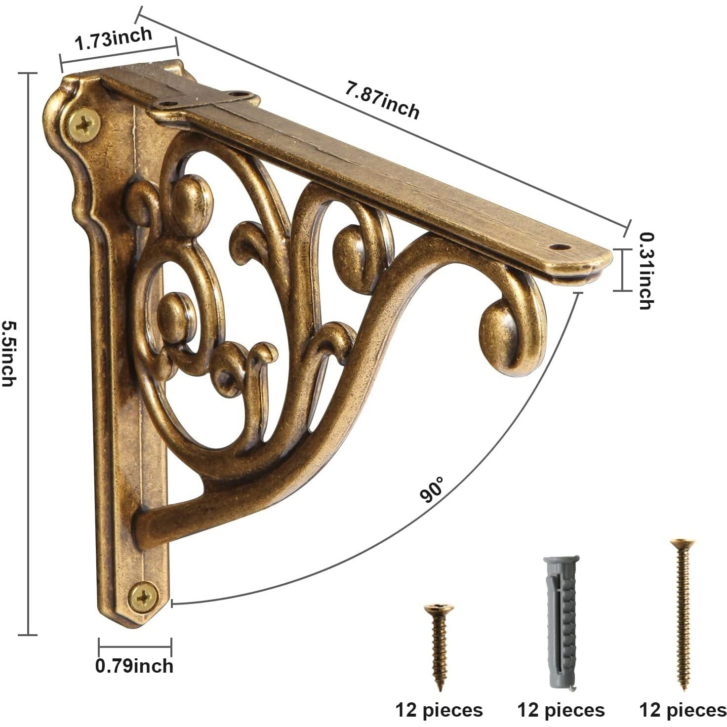 2 Pack 8 Inch Shelf Brackets  Antique Brass Shelf Brackets Metal Bracket For Shelves Ornate Heavy Duty Decorative Wall Brackets For Shelves(2  Antique Brass)
