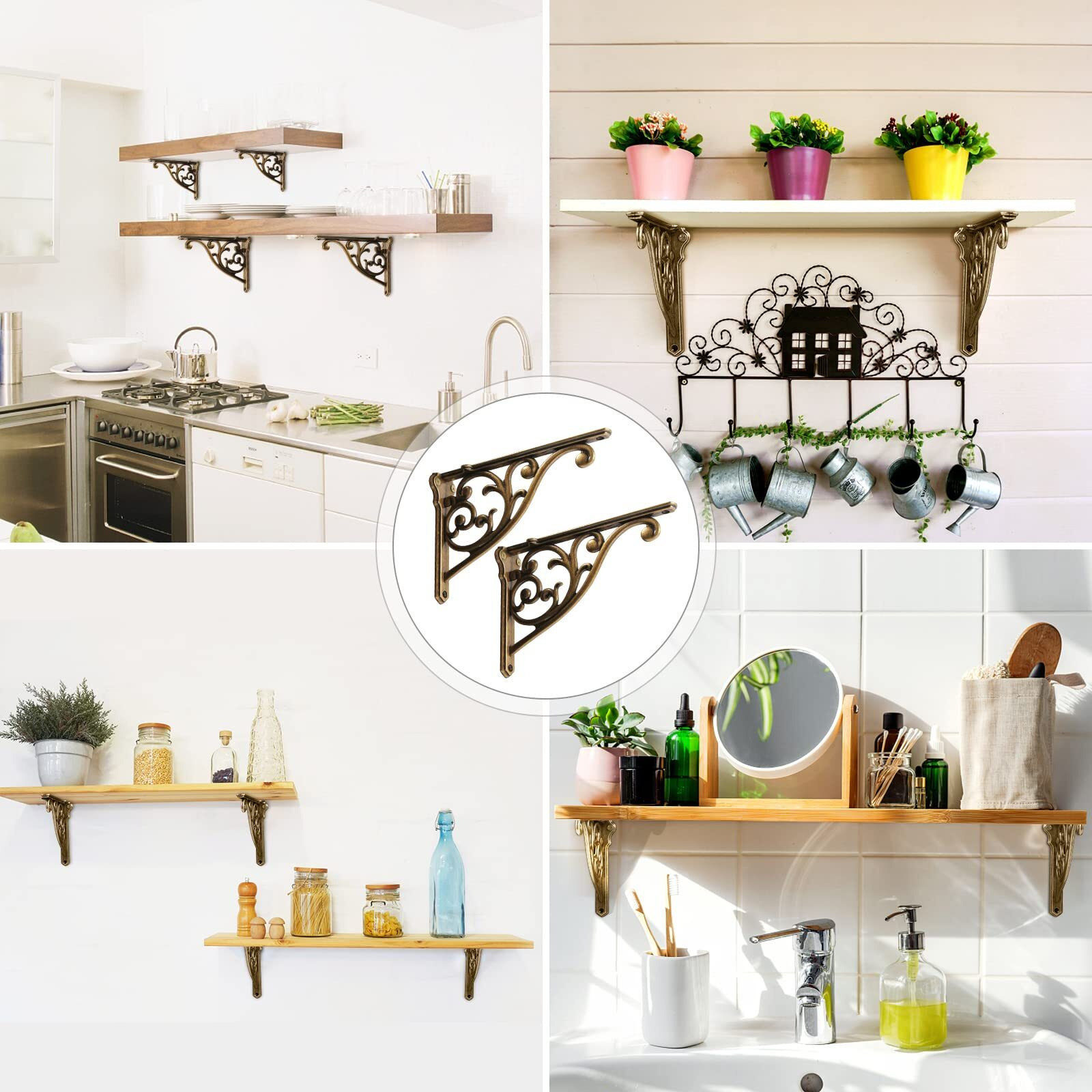 2 Pack 8 Inch Shelf Brackets  Antique Brass Shelf Brackets Metal Bracket For Shelves Ornate Heavy Duty Decorative Wall Brackets For Shelves(2  Antique Brass)