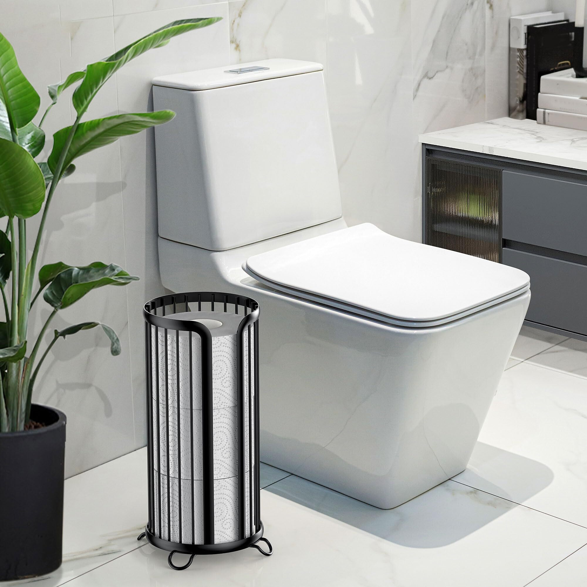 Bunoxea Toilet Paper Holder Stand  Freestanding Toilet Tissue Organizer  Minimalistic Storage Solution  Reserve Mega Rolls-Modern Black