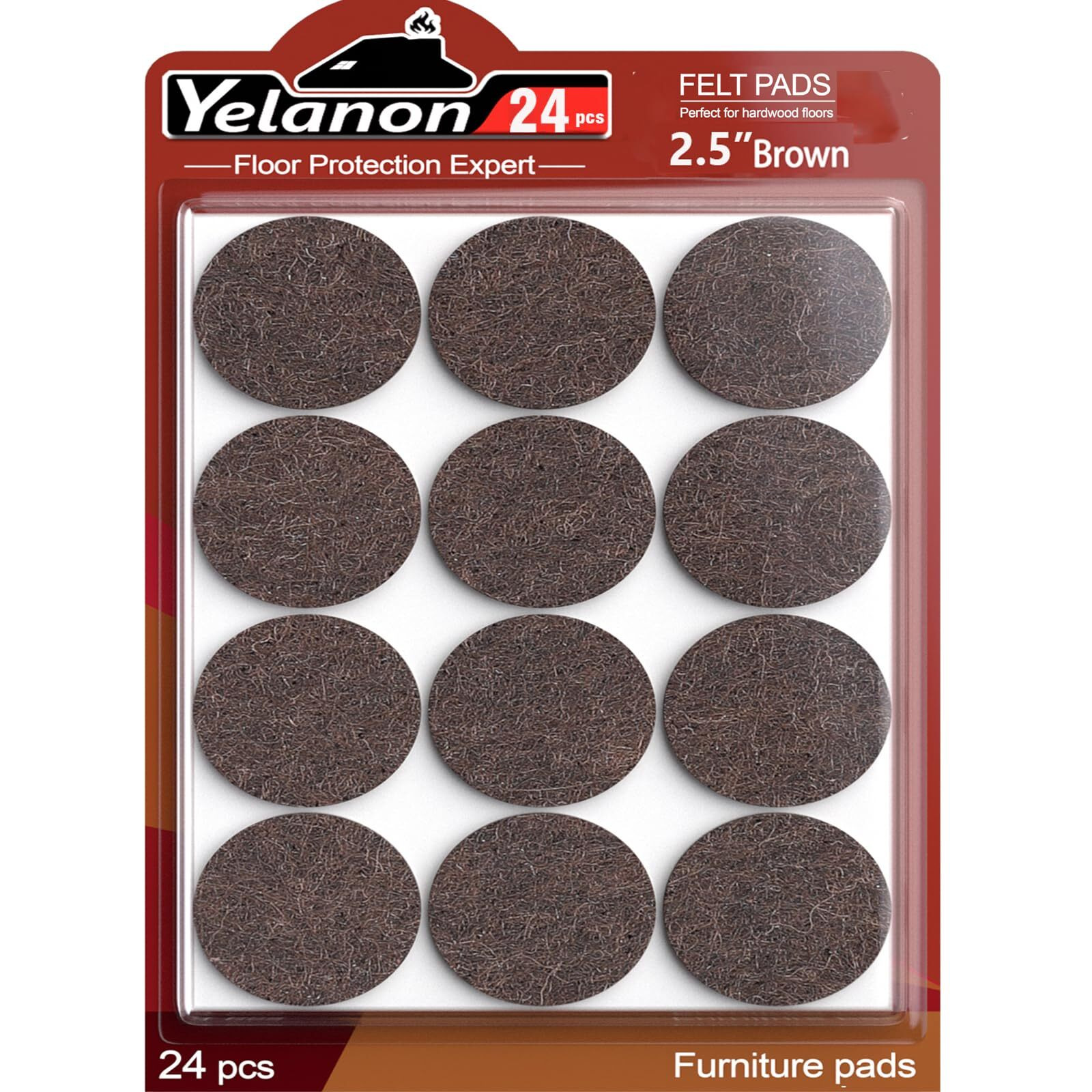 Yelanon Felt Furniture Pads For Hardwood Floors -24 Pcs 2.5"" Premium Felt Pads For Chair Legs  Floor Protectors For Furniture  Brown
