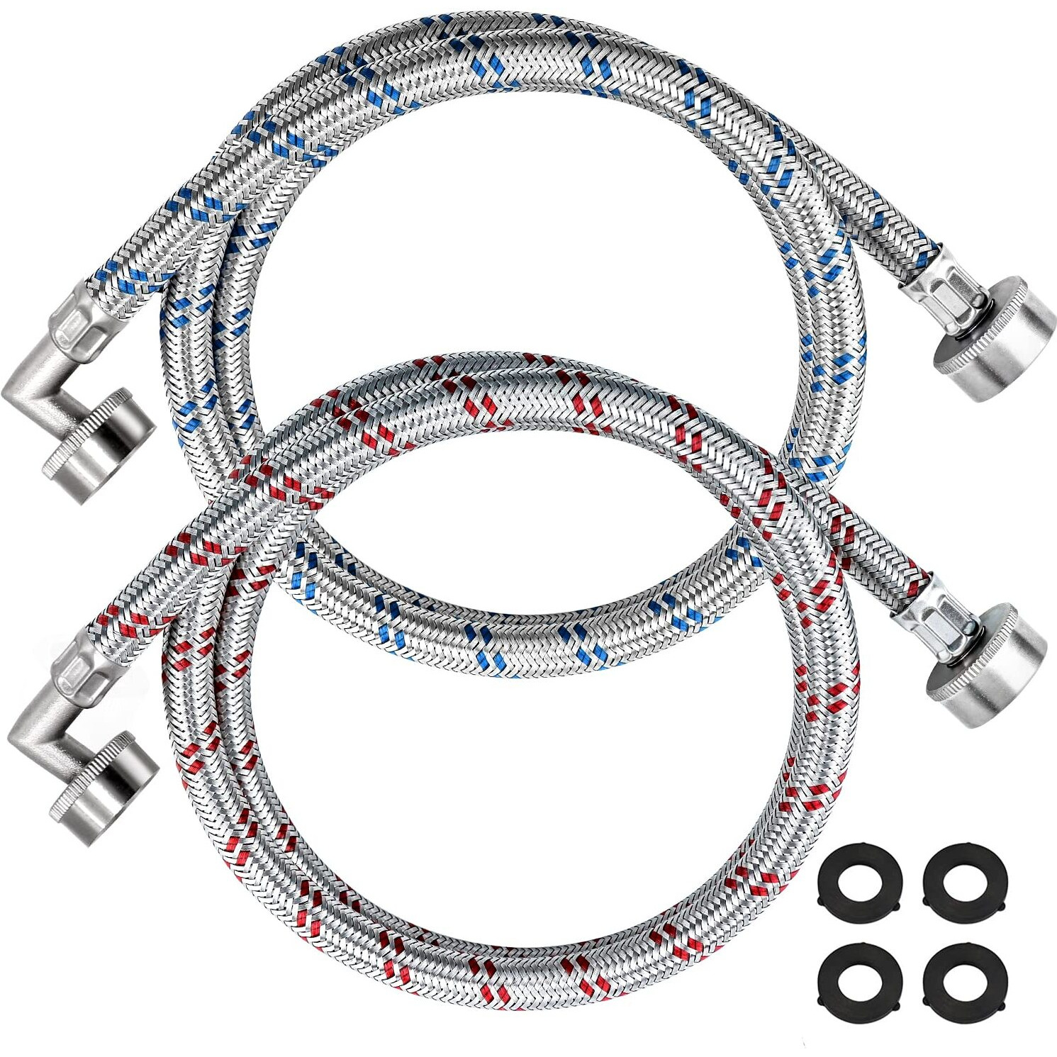 Beaquicy Washer Stainless Steel Hoses With 90 Degree Elbow - 4 Ft Long Red And Blue (2 Pack) Burst Proof - Hot And Cold Striped Water Supply Lines For Washing Machine - 10Year Warranty