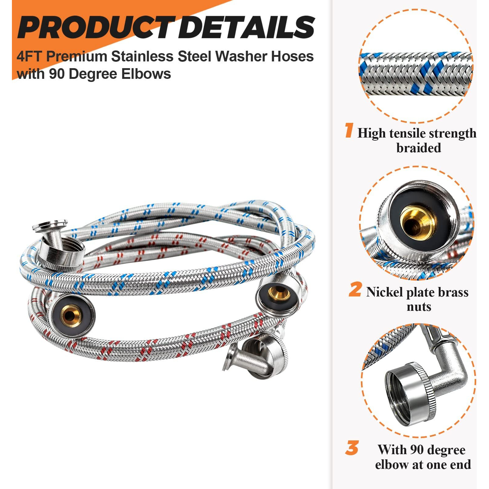 Beaquicy Washer Stainless Steel Hoses With 90 Degree Elbow - 4 Ft Long Red And Blue (2 Pack) Burst Proof - Hot And Cold Striped Water Supply Lines For Washing Machine - 10Year Warranty