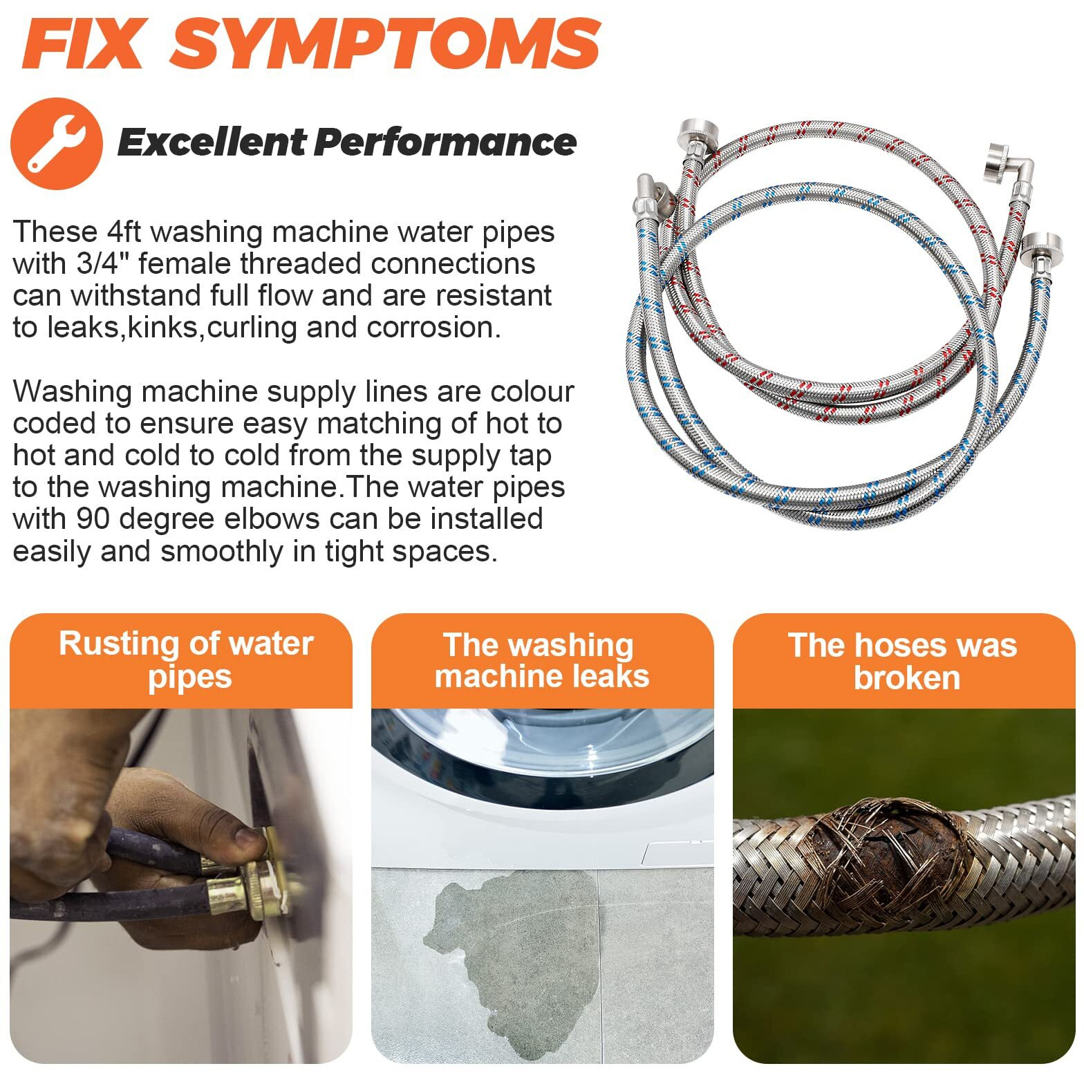 Beaquicy Washer Stainless Steel Hoses With 90 Degree Elbow - 4 Ft Long Red And Blue (2 Pack) Burst Proof - Hot And Cold Striped Water Supply Lines For Washing Machine - 10Year Warranty