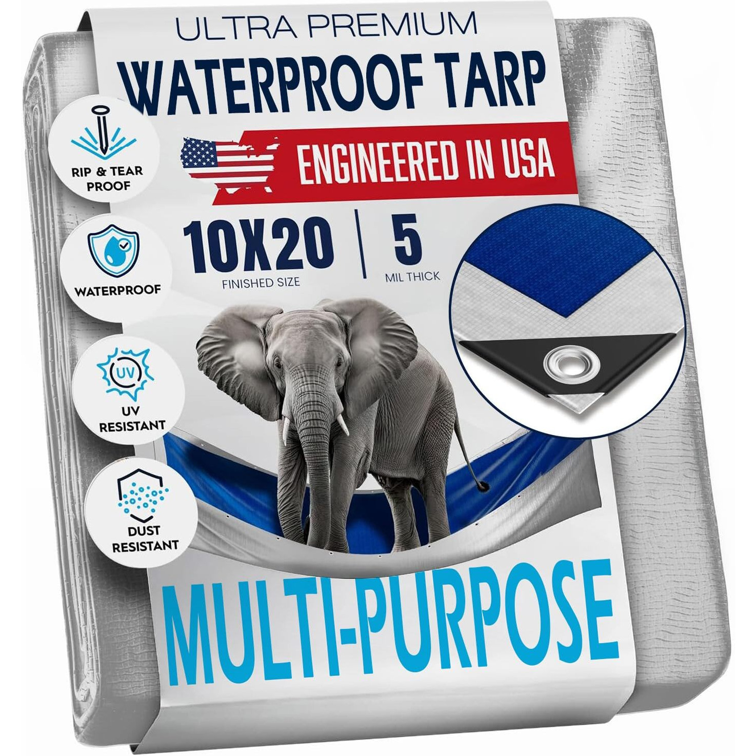 10X20 Tarp Waterproof Plastic Tarp With Grommets Every 18 Inches - 5 Mil - Multipurpose Water Proof Rain Cover  Outdoor  Garden  Camping  Emergency Survival (Reversible Tarpaulin  Blue And Silver)