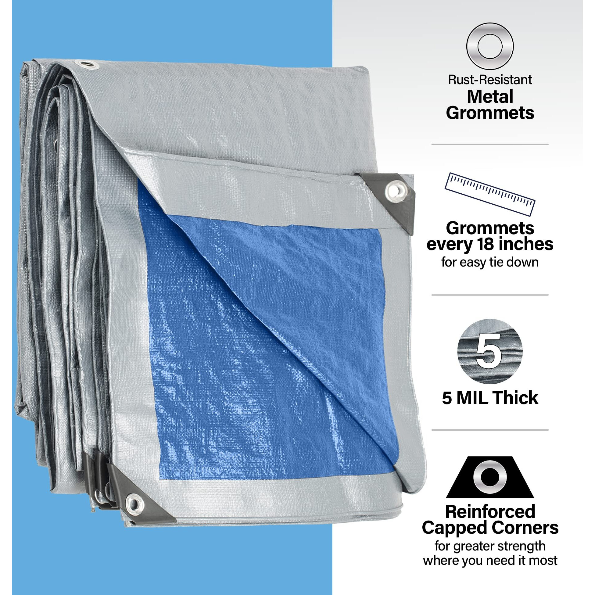 10X20 Tarp Waterproof Plastic Tarp With Grommets Every 18 Inches - 5 Mil - Multipurpose Water Proof Rain Cover  Outdoor  Garden  Camping  Emergency Survival (Reversible Tarpaulin  Blue And Silver)