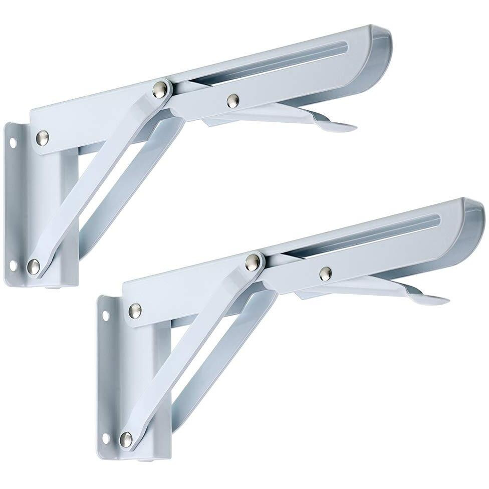 Sumnacon Sturdy Folding Shelf Brackets - Heavy Duty Metal Triangle Table Bench Folding Shelf Brackets  2 Pcs Folding Shelf Hinge Wall Mounted (8 Inch  White)