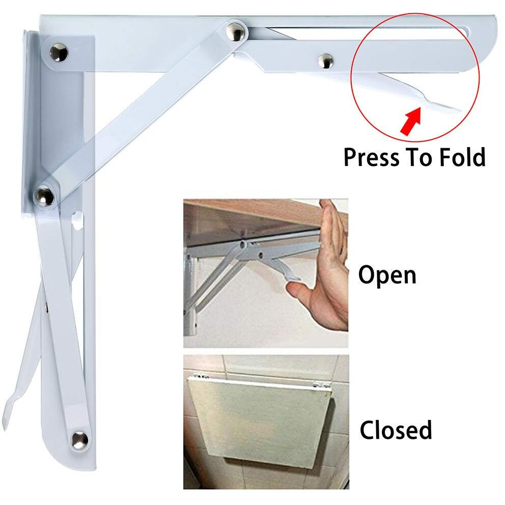 Sumnacon Sturdy Folding Shelf Brackets - Heavy Duty Metal Triangle Table Bench Folding Shelf Brackets  2 Pcs Folding Shelf Hinge Wall Mounted (8 Inch  White)