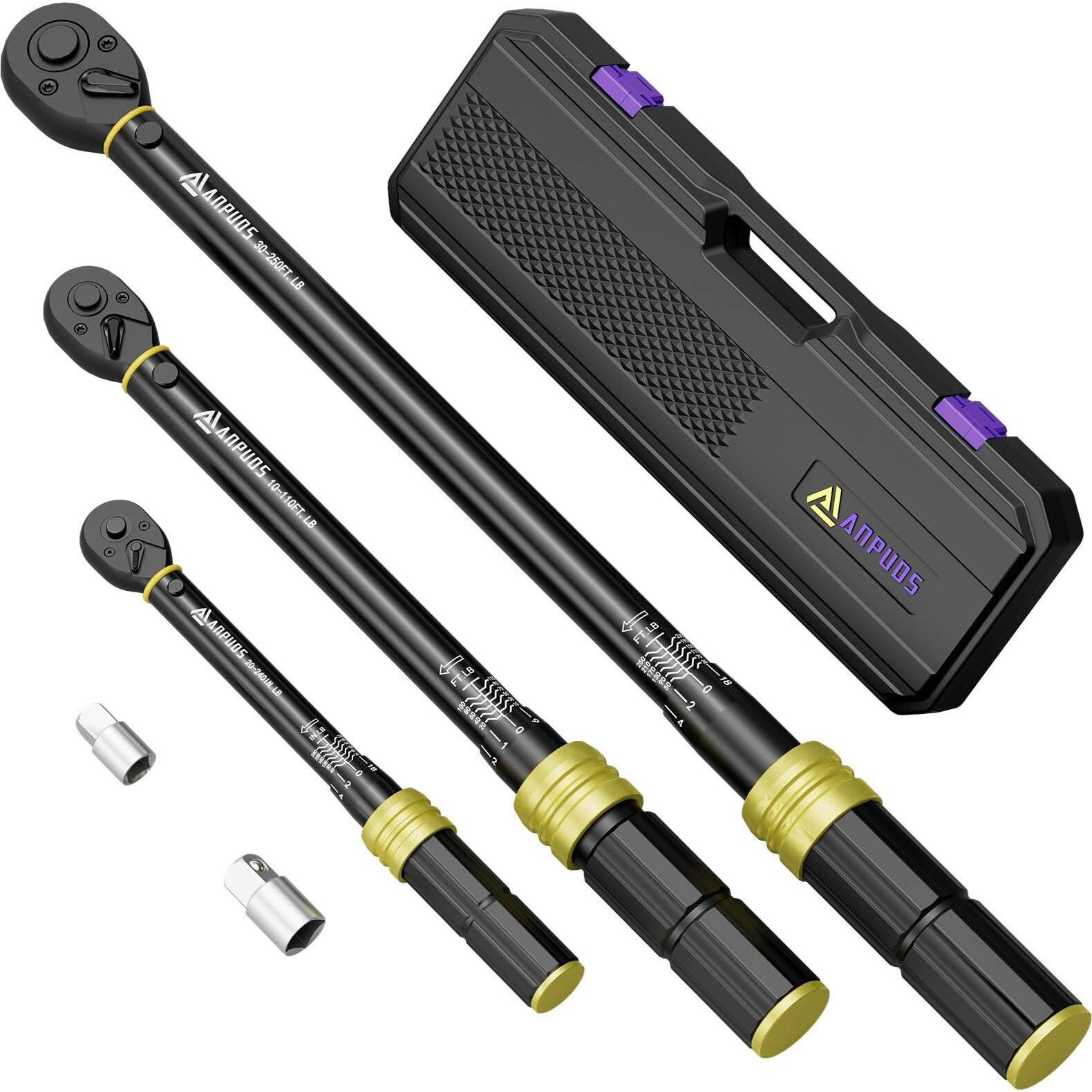 Anpuds 1/4 3/8 1/2-Inch Drive Torque Wrench  5 Pcs Click Torque Wrench Set  20-240In.Lb  10-110Ft.Lb  30-250Ft.Lb With 2 Adapters  Dual-Direction  72-Tooth  Dual Range Scales For Bike  Motorcycle  Car