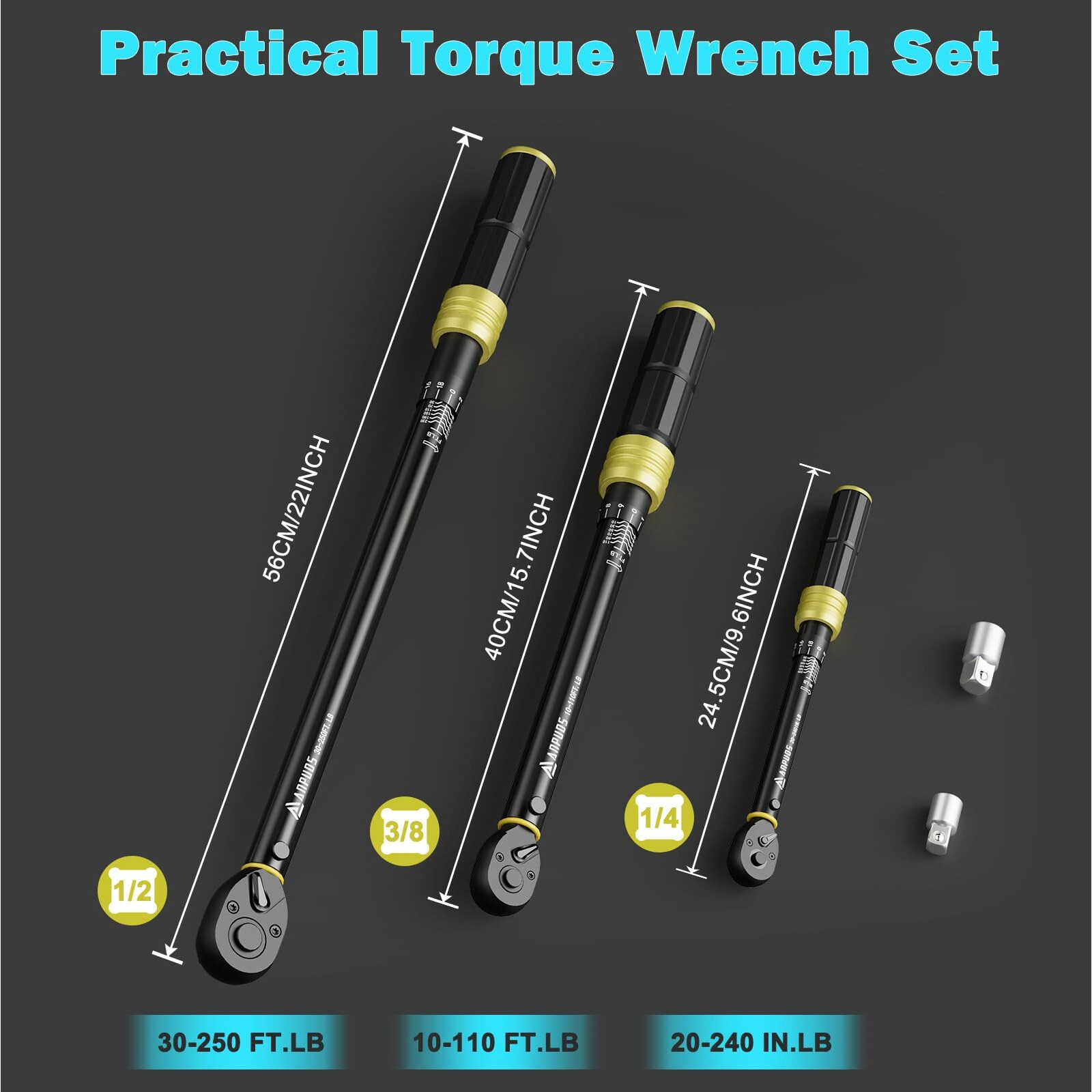 Anpuds 1/4 3/8 1/2-Inch Drive Torque Wrench  5 Pcs Click Torque Wrench Set  20-240In.Lb  10-110Ft.Lb  30-250Ft.Lb With 2 Adapters  Dual-Direction  72-Tooth  Dual Range Scales For Bike  Motorcycle  Car