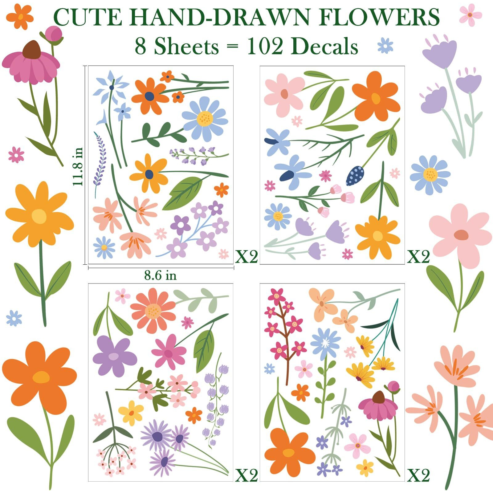 Aowdiao Floral Wall Decals - 102 Pcs Peel And Stick Vinyl Flower Stickers - Assorted Varieties & Colors For Bedroom  Kidsrooms  Nursery  Or Living Room Decor