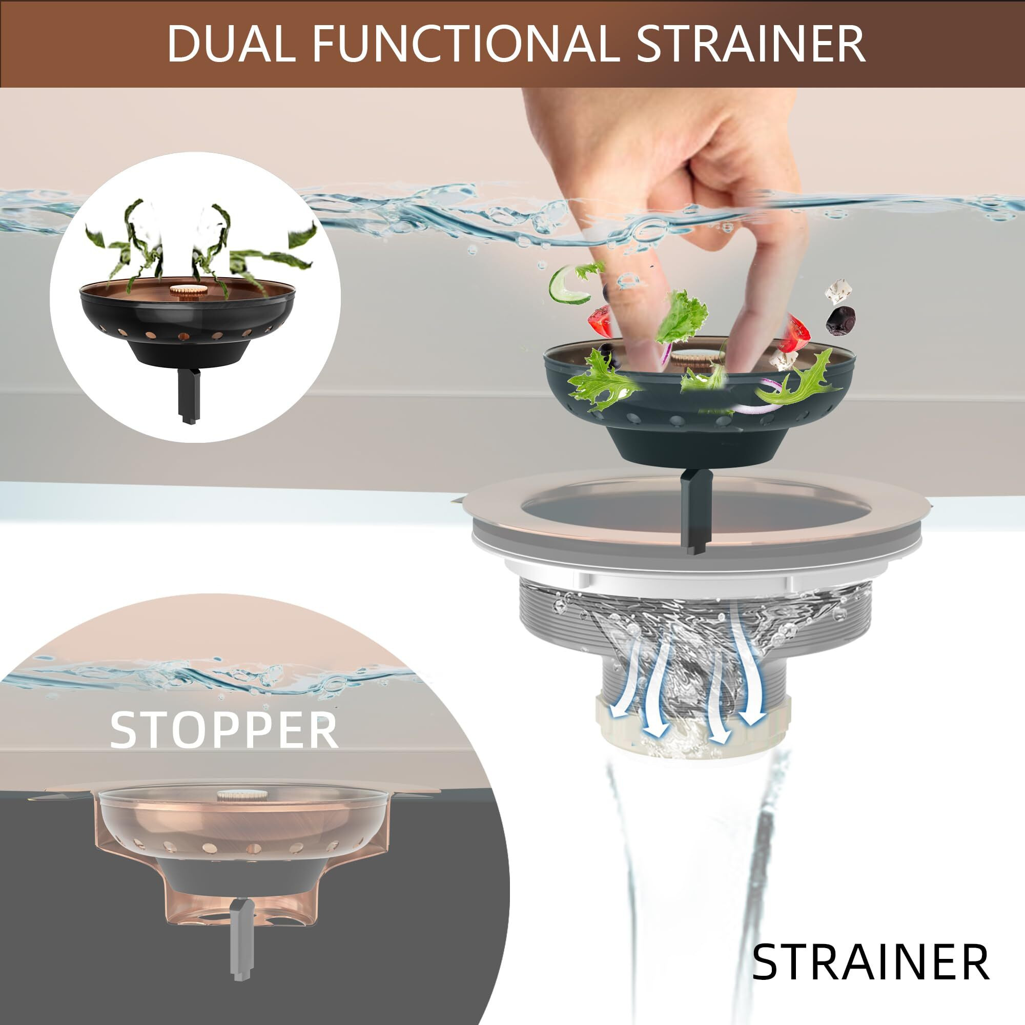 Kitchen Sink Drain Copper 3-1/2 Inch Stainless Steel Kitchen Drain Strainer Assembly Kit With Strainer Basket And Drain Stopper For Standard Sink Drains Antique Copper