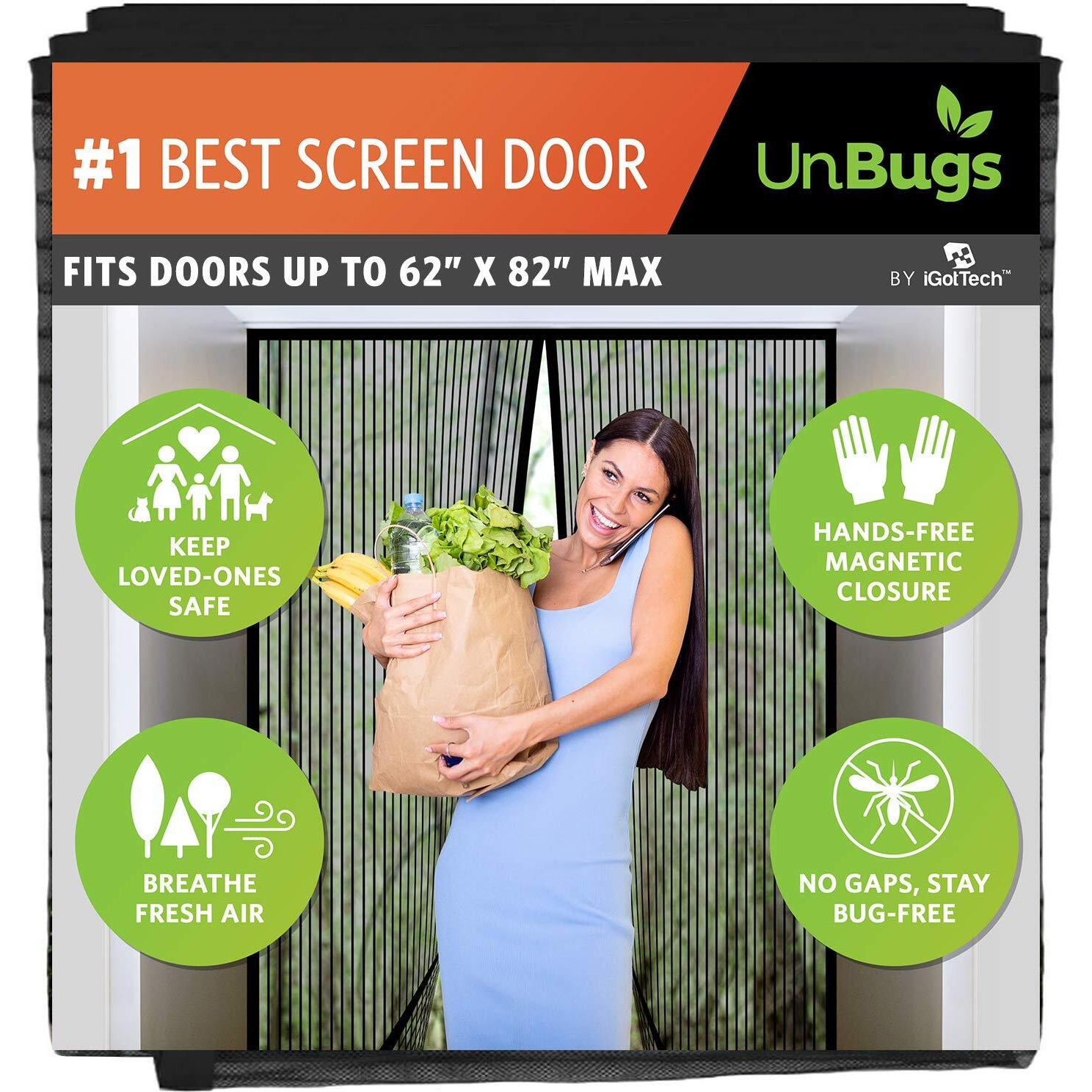 Unbugs Magnetic Screen Door - Fits French Door & Double Doors Up To 62 X 82 Inches Max - Pet & Kid Friendly  Self-Closing - Hands Free Magnet Closure Keeps Bugs Out & Breeze In