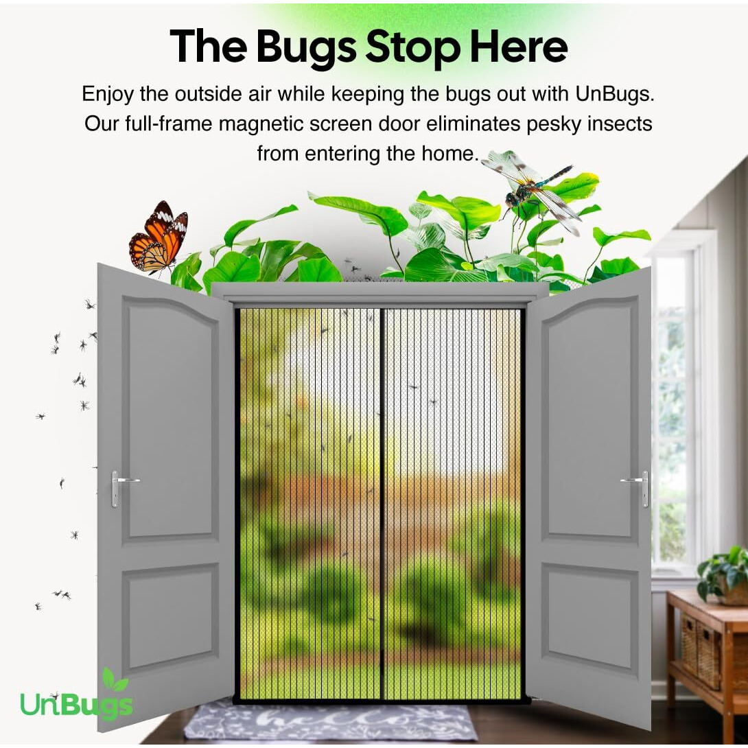 Unbugs Magnetic Screen Door - Fits French Door & Double Doors Up To 62 X 82 Inches Max - Pet & Kid Friendly  Self-Closing - Hands Free Magnet Closure Keeps Bugs Out & Breeze In
