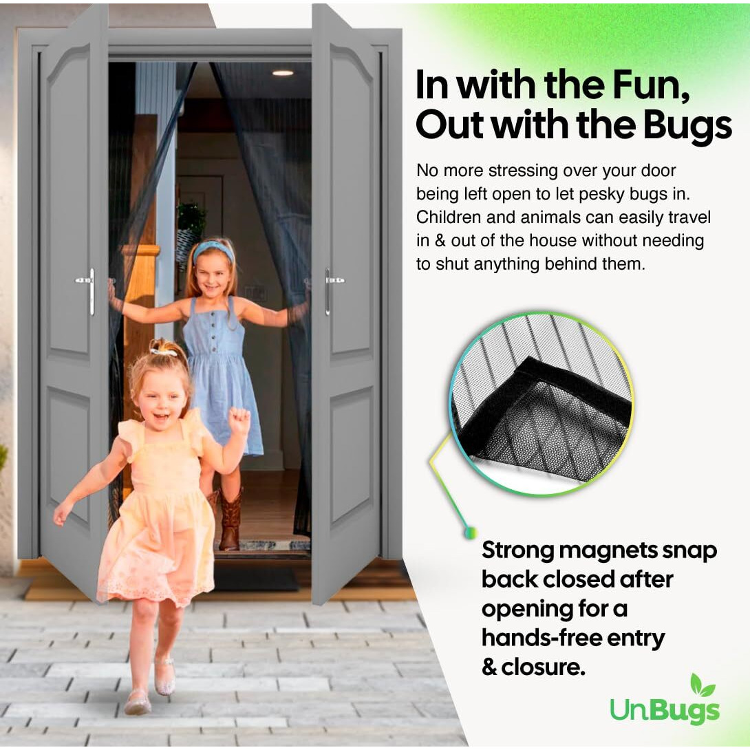 Unbugs Magnetic Screen Door - Fits French Door & Double Doors Up To 62 X 82 Inches Max - Pet & Kid Friendly  Self-Closing - Hands Free Magnet Closure Keeps Bugs Out & Breeze In