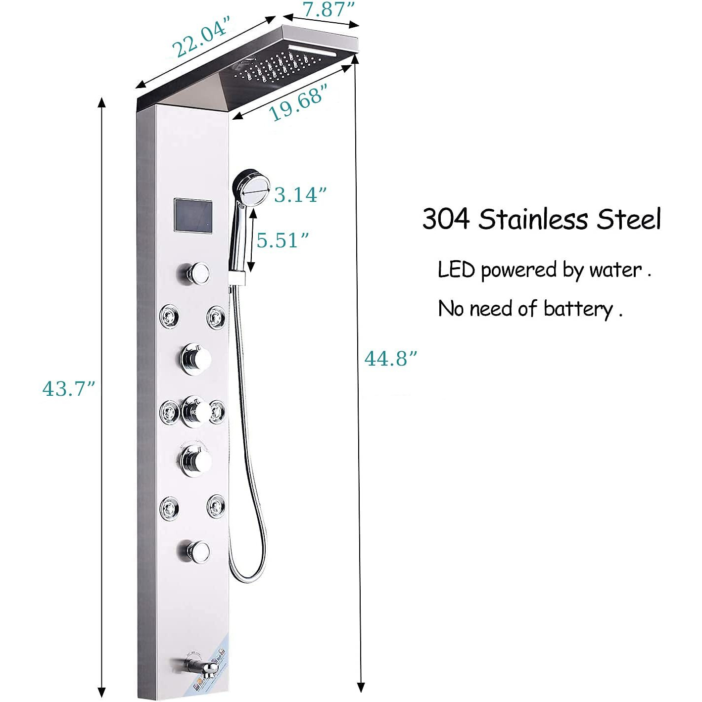 Fuz Contemporary Shower Panel Tower System Stainless Steel 6-Function Faucet Led Rainfall Waterfall Shower Head + Handheld Sprayer + Rain Massage Body Jets + Tub Spout Brushed Nickel