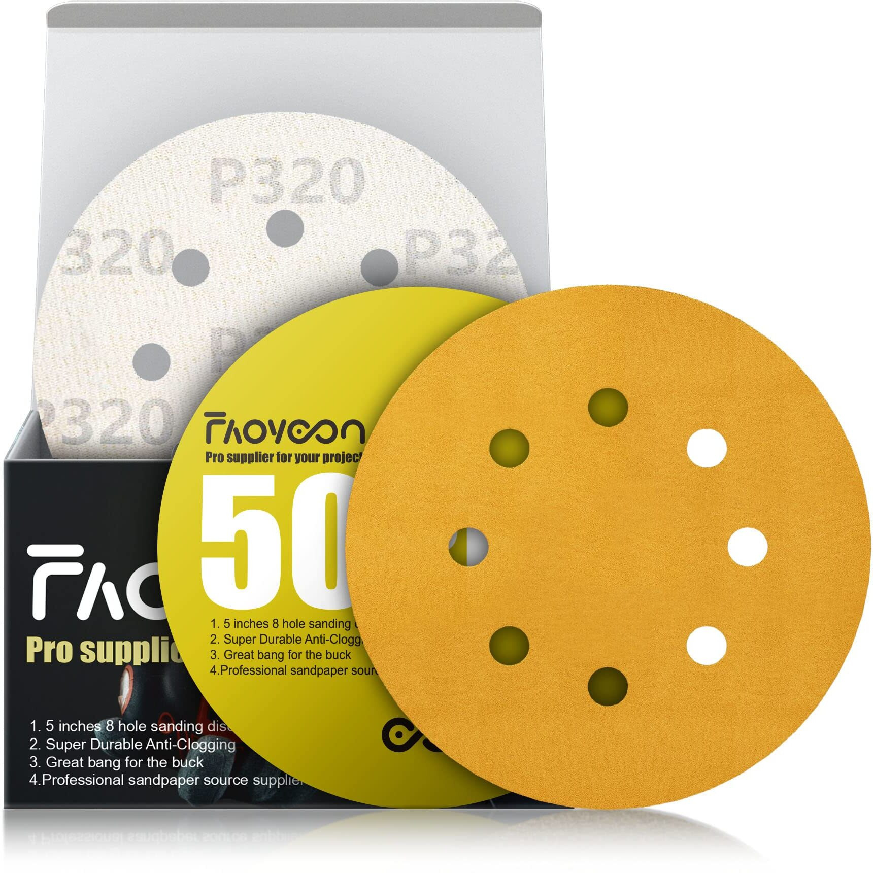 Faoyoon 5 Inch Sanding Discs Hook And Loop | 320 Grit Sandpaper | Orbital Sander Pads | Sand Paper For Automotive And Woodworking | 50 Pack