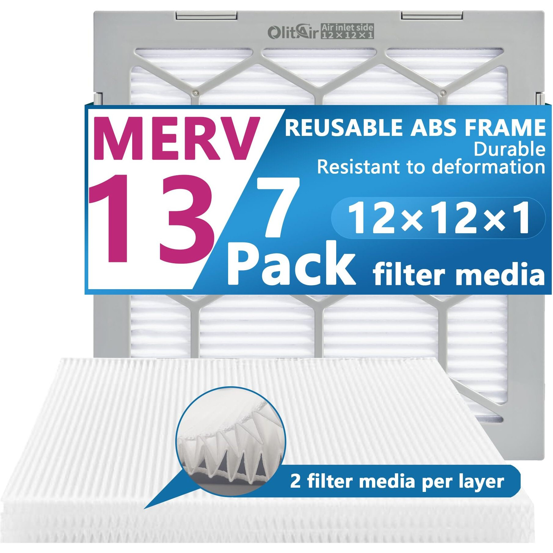 Olitair 12X12X1 Merv 13 Air Filter Ac Furnace Air Filter Reusable Abs Plastic Frame  7 Pack Replaceable Filter Media (Actual Size 11 3/4"" X 11 3/4"" X 3/4"")