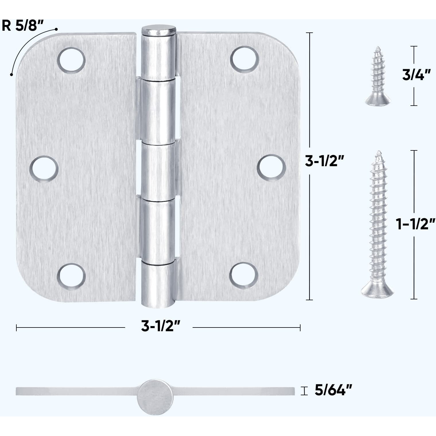 Ticonn 18-Pack 3.5 Inch Door Hinges With 5/8"" Radius Corner  3-1/2 X 3-1/2 Inch Iron Bifold Residential Doors Hardware (5/8"" Radius Corner  Satin Chrome  18 Pack)