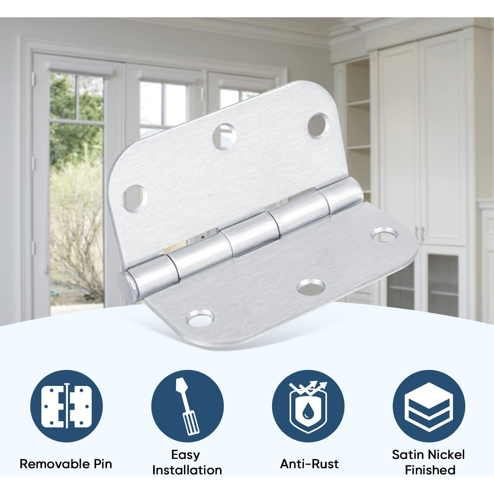 Ticonn 18-Pack 3.5 Inch Door Hinges With 5/8"" Radius Corner  3-1/2 X 3-1/2 Inch Iron Bifold Residential Doors Hardware (5/8"" Radius Corner  Satin Chrome  18 Pack)
