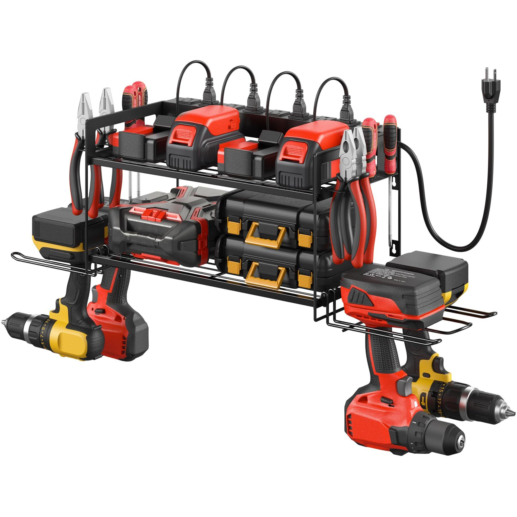 Cccei Garage Tools Storage With Charging Station. Power Tool Battery Organizer Utility Shelf With Power Strip. 4 Drills Holder Wall Mount Rack  Black.