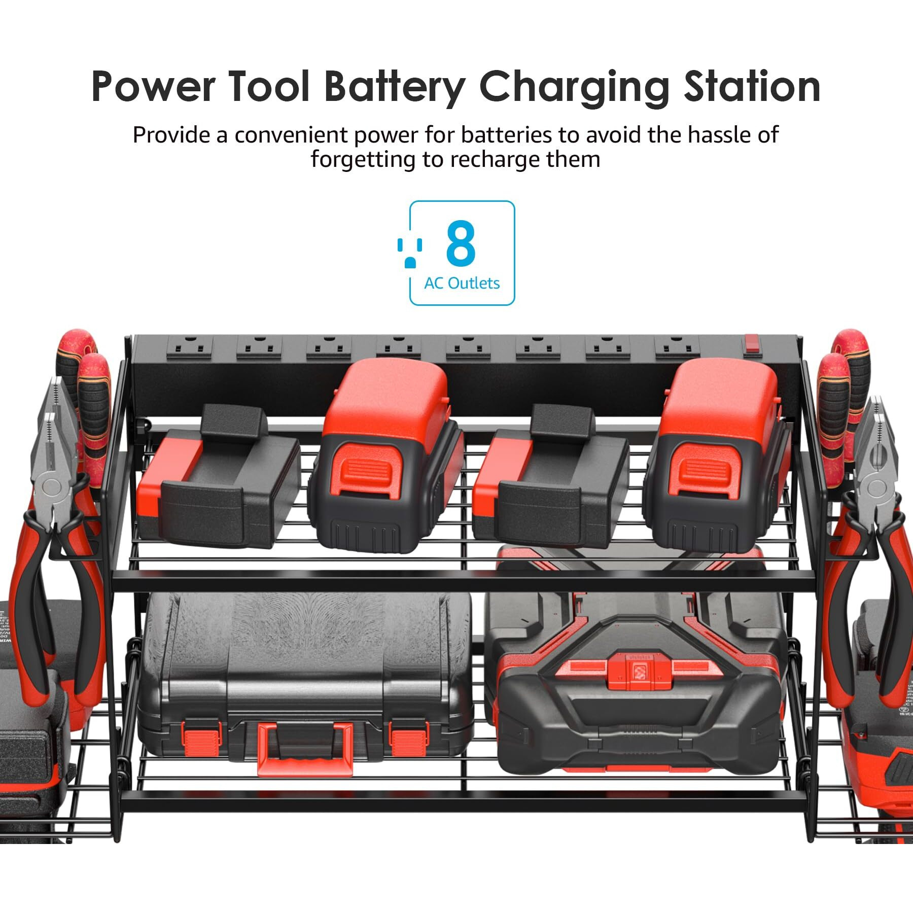 Cccei Garage Tools Storage With Charging Station. Power Tool Battery Organizer Utility Shelf With Power Strip. 4 Drills Holder Wall Mount Rack  Black.