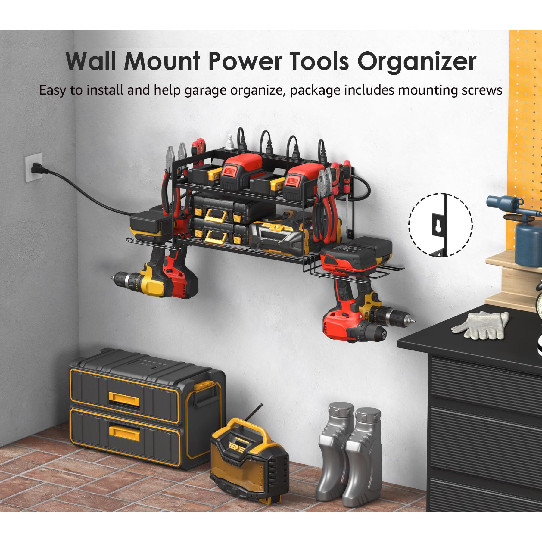 Cccei Garage Tools Storage With Charging Station. Power Tool Battery Organizer Utility Shelf With Power Strip. 4 Drills Holder Wall Mount Rack  Black.