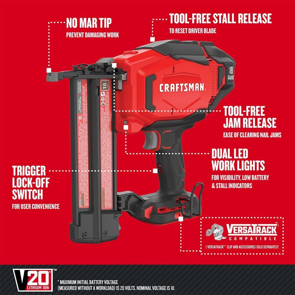 Craftsman V20 Brad Nailer  18Ga  Cordless  Bare Tool Only (Cmcn618B)