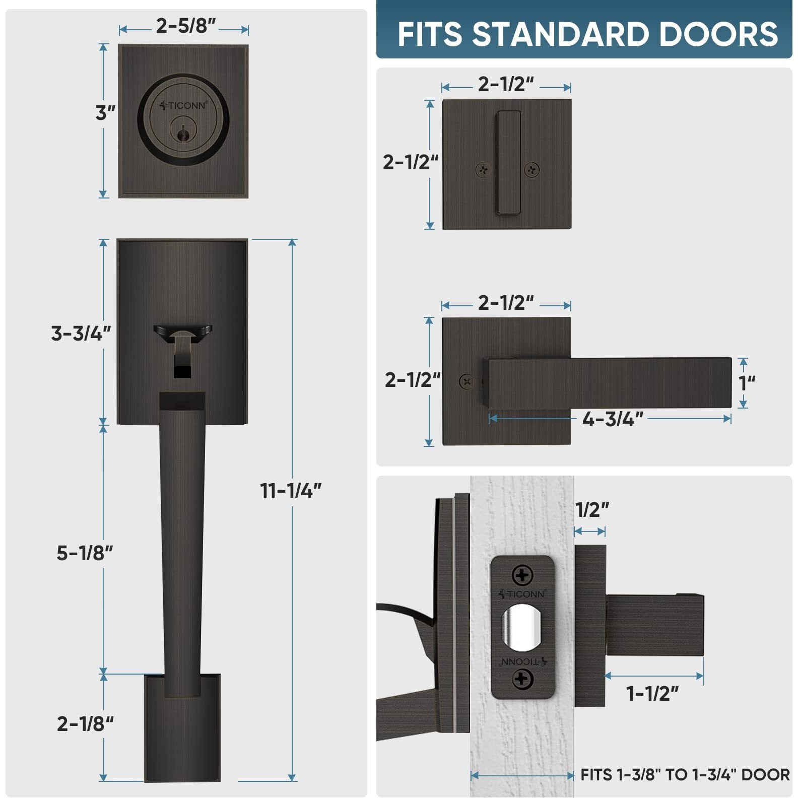 Ticonn Double Front Door Handle Set  Heavy Duty Square Door Lever And Single Cylinder Deadbolt Combo For Side By Side Entrance Exterior Doors (Oil Rubbed Bronze)