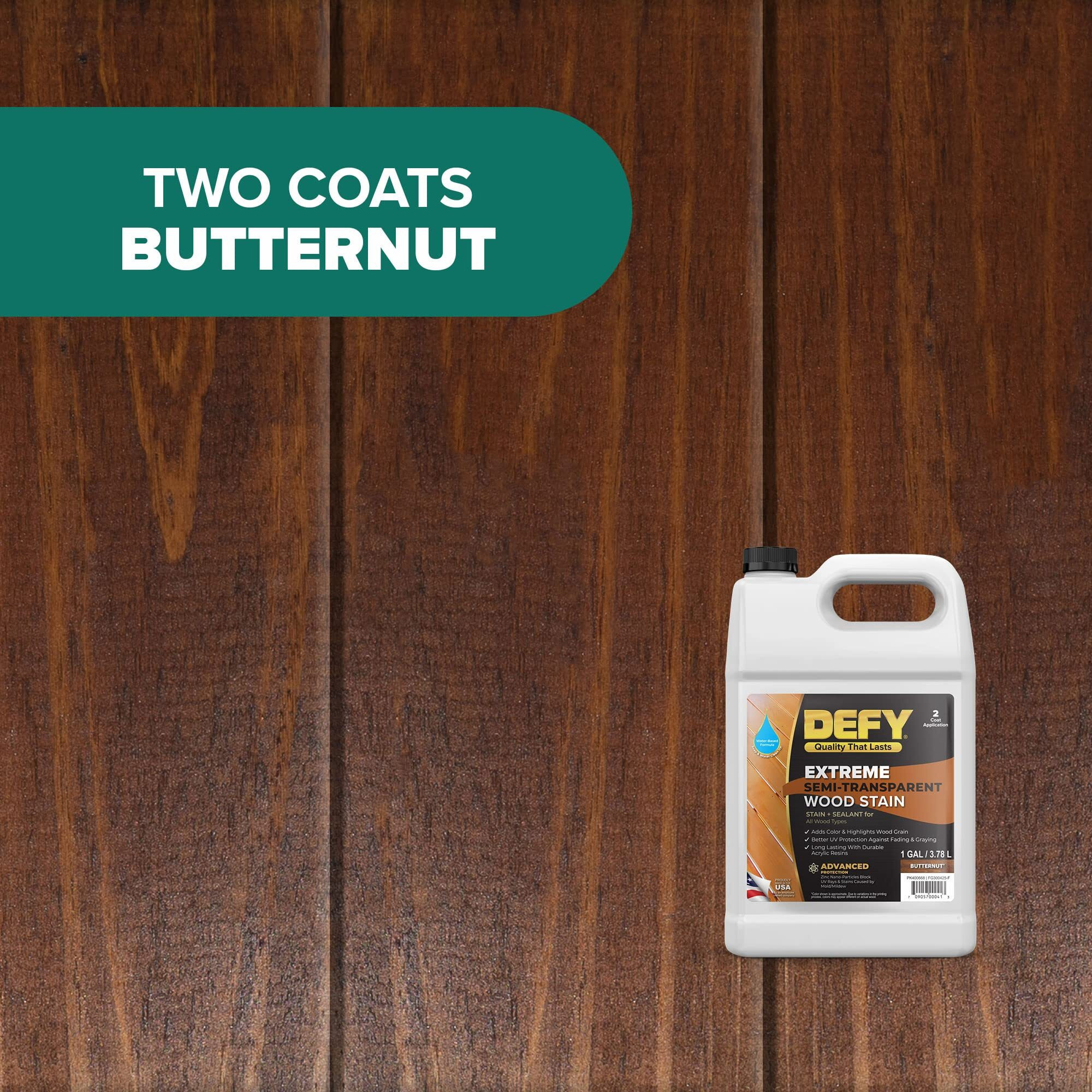 Defy Extreme Wood Stain And Sealer In One - 1 Gallon Semi-Transparent Waterproof Coating For All Wood Types - Butternut