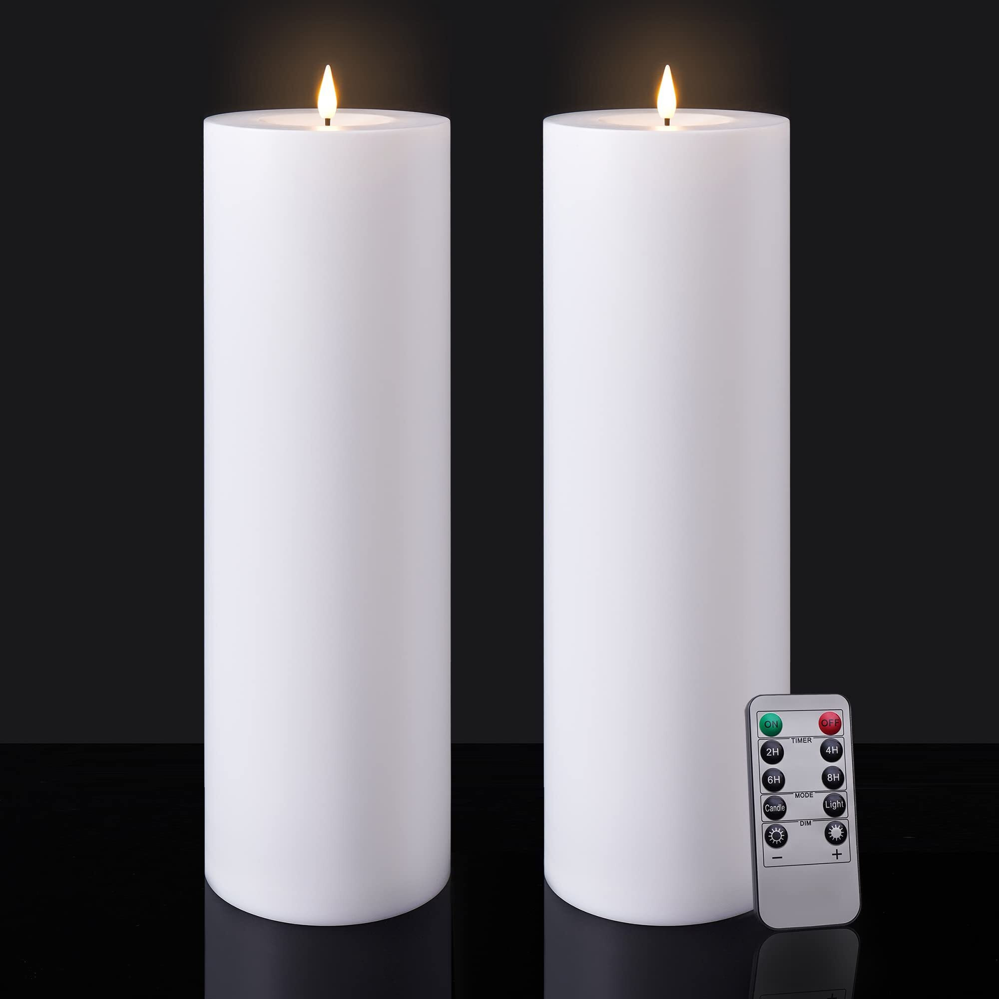 Large Flameless Led Candles Outdoor 12"" X 4"" Battery Operated Pillar Candles Flickering With Timer Waterproof Fake Electric Candles With Remote For Patio Porch Lanterns (White Set Of 2)