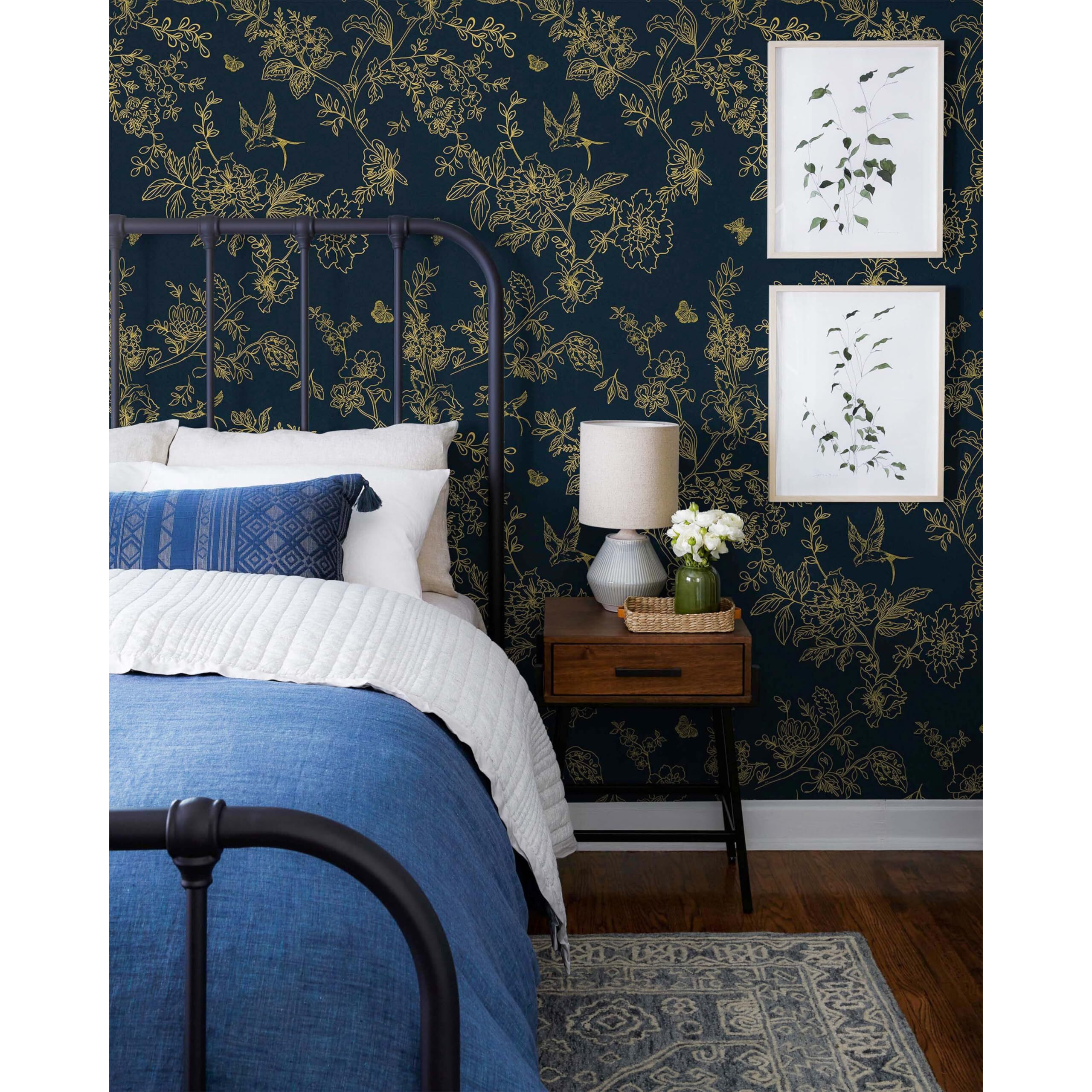 Froluya Dark Blue And Gold Vintage Floral Peel And Stick Wallpaper 17.7"&quotX118.1"" Dark Blue Floral Wallpaper Peel And Stick Removable Self Adhesive Wall Paper For Bathroom Bedroom Decorative Vinyl