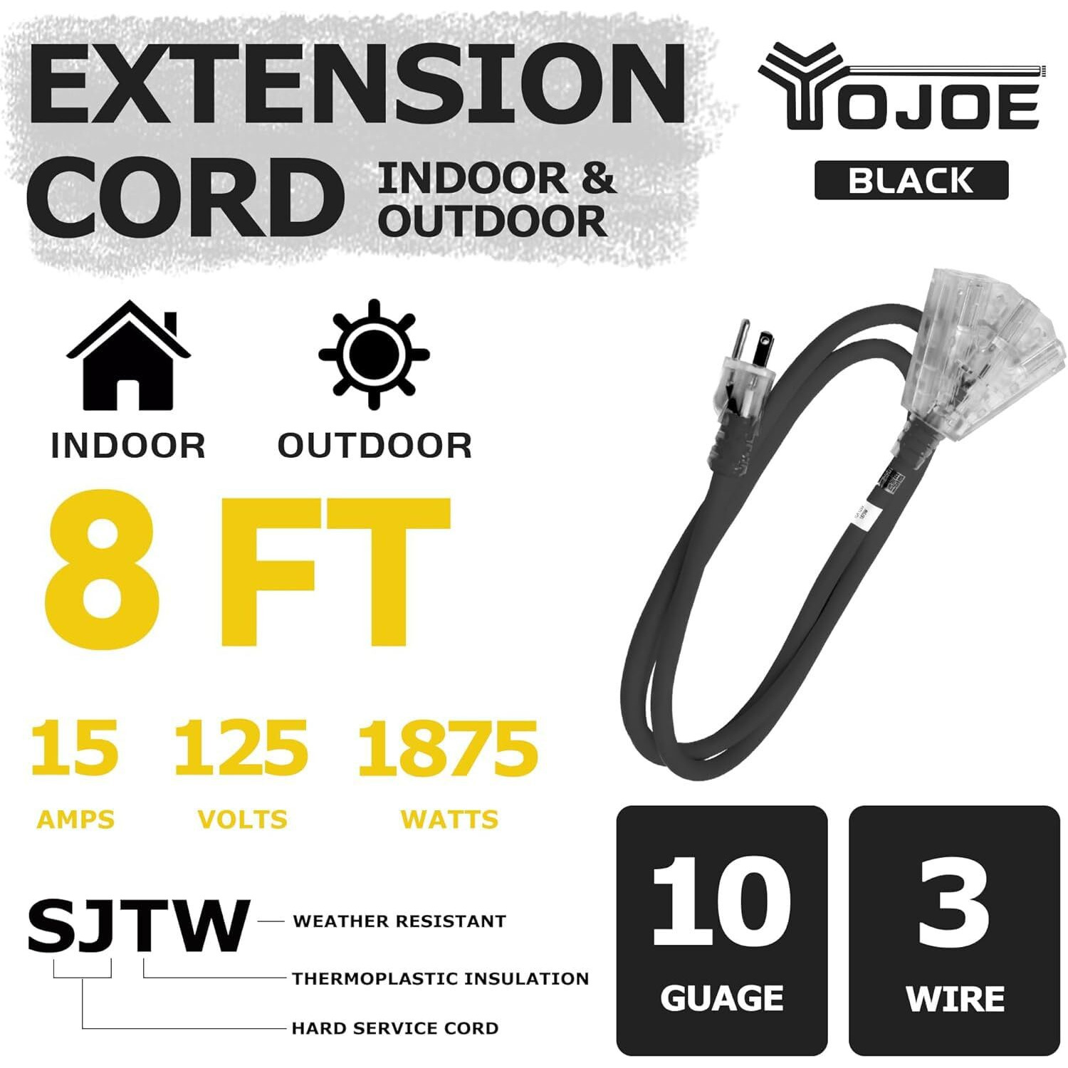 Yojoe 3-Outlets Indoor Outdoor Extension Cord With Lighted End  3 Prong 15A Weatherproof Power Cord  10 Gauge Heavy Duty 8 Ft Black Extension Cord Multiple Outlets  10/3 Sjtw Ul Listed