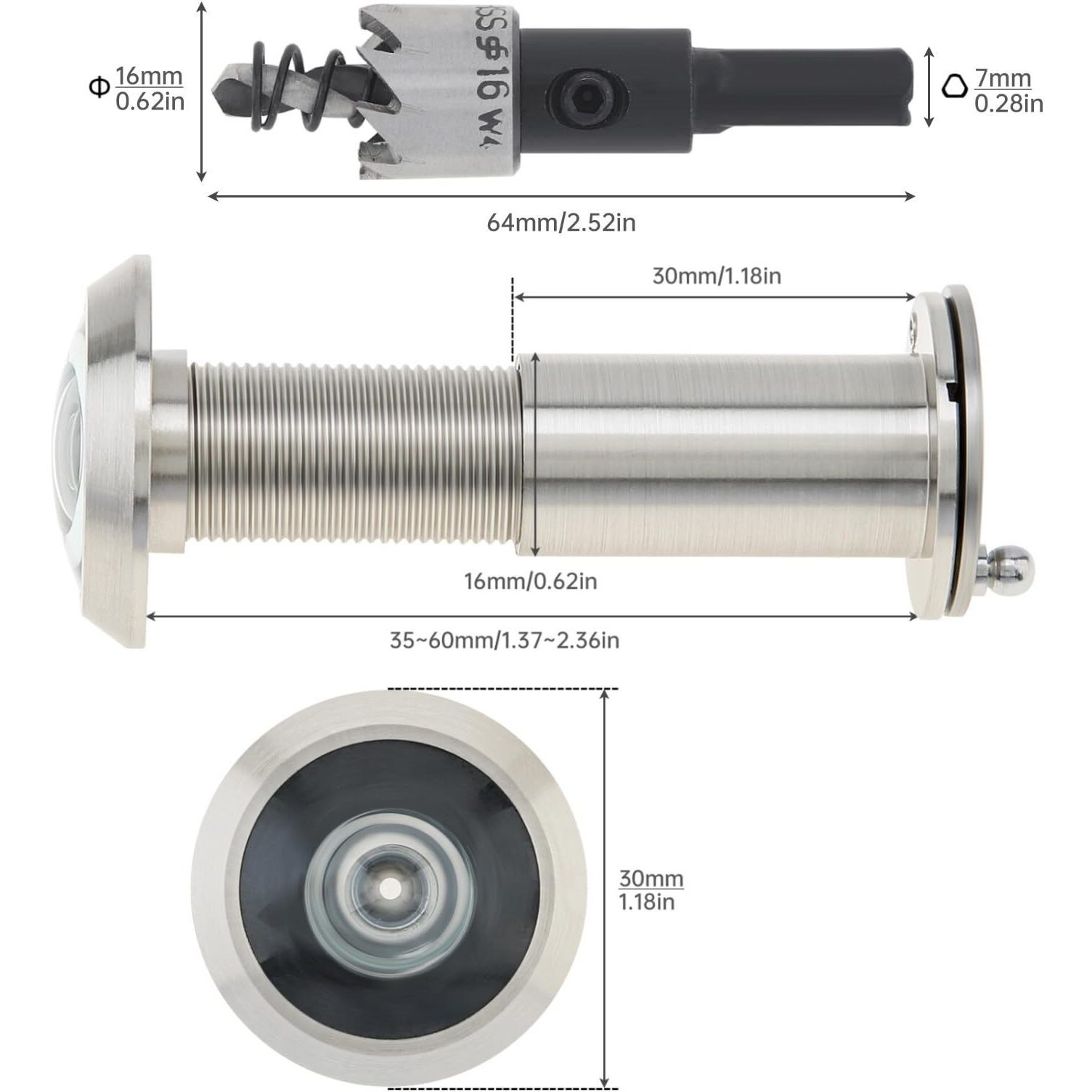 Hojlkld Door Viewer Peephole Solid Brass 200 Degree Peephole With 16 Mm Drill Bit For 1-1/2"" To 2-3/8"" Doors 5/8 Inch Pipe Diameter Viewer With Privacy Cover (Satin Gold)