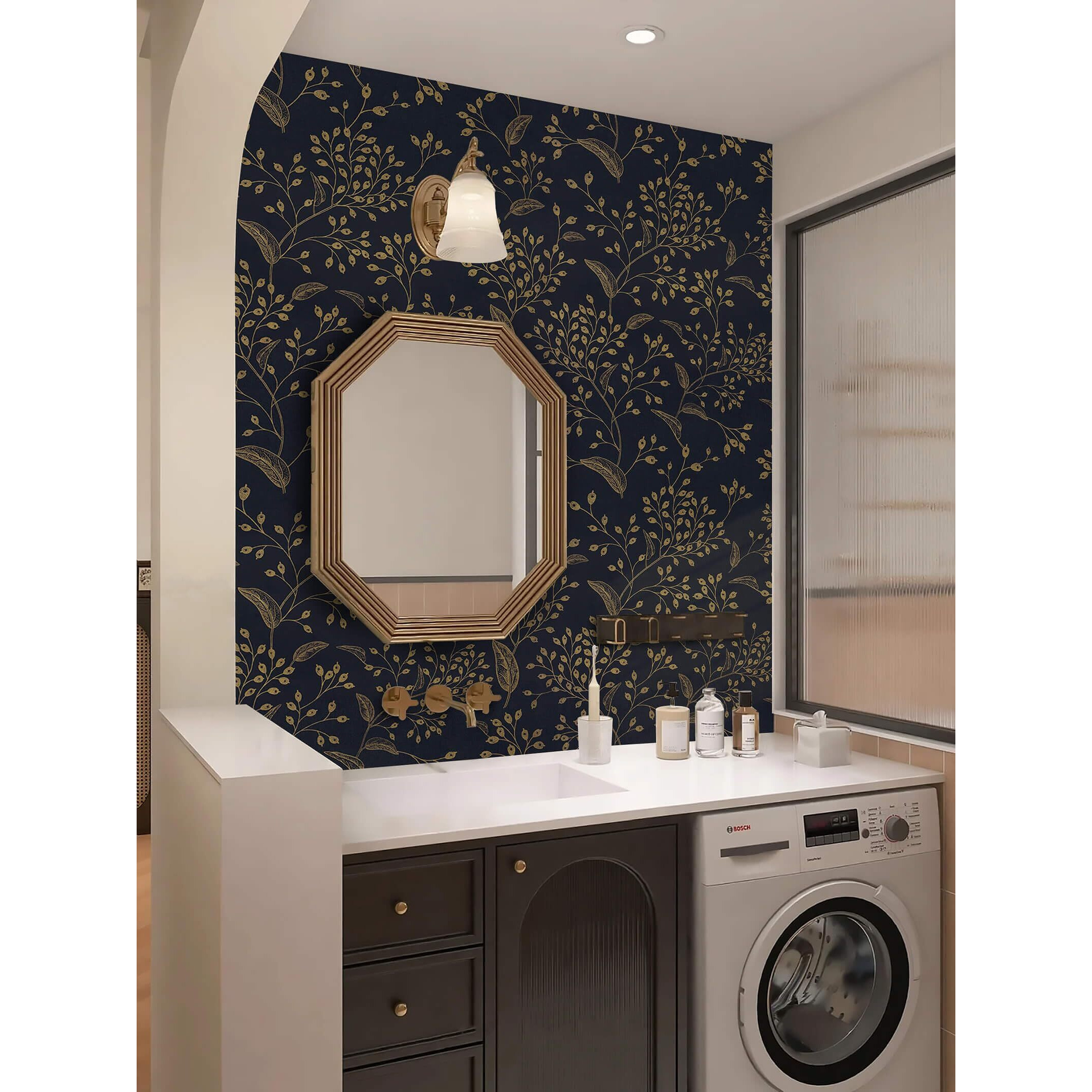 Heroad Peel And Stick Wallpaper 236"" X 17.3"" Dark Blue Contact Paper Gold Floral Wall Paper Modern Boho Removable Contact Paper For Cabinets Drawers Bedroom Self Adhesive Vinyl Papel Tapiz Para Pared