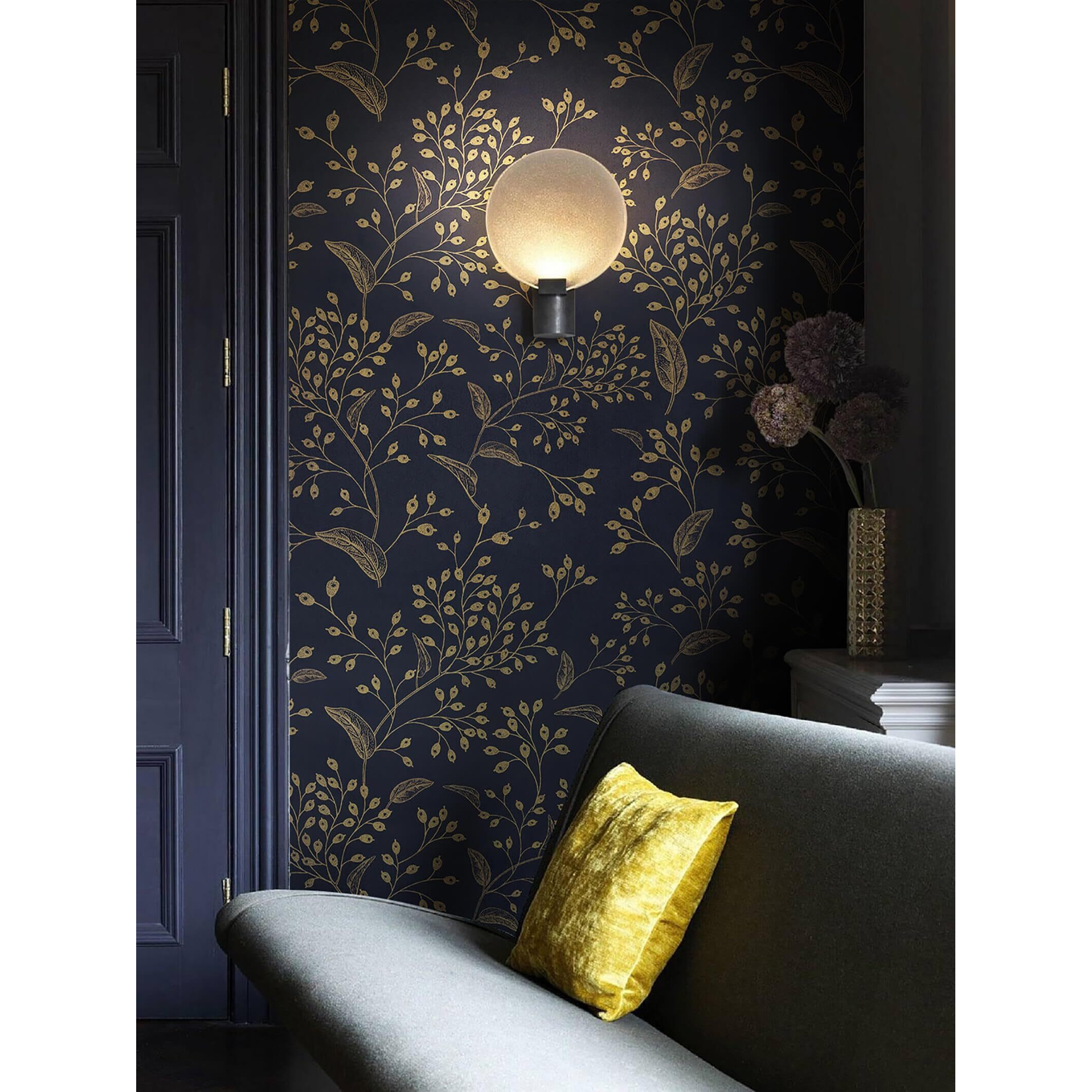 Heroad Peel And Stick Wallpaper 236"" X 17.3"" Dark Blue Contact Paper Gold Floral Wall Paper Modern Boho Removable Contact Paper For Cabinets Drawers Bedroom Self Adhesive Vinyl Papel Tapiz Para Pared
