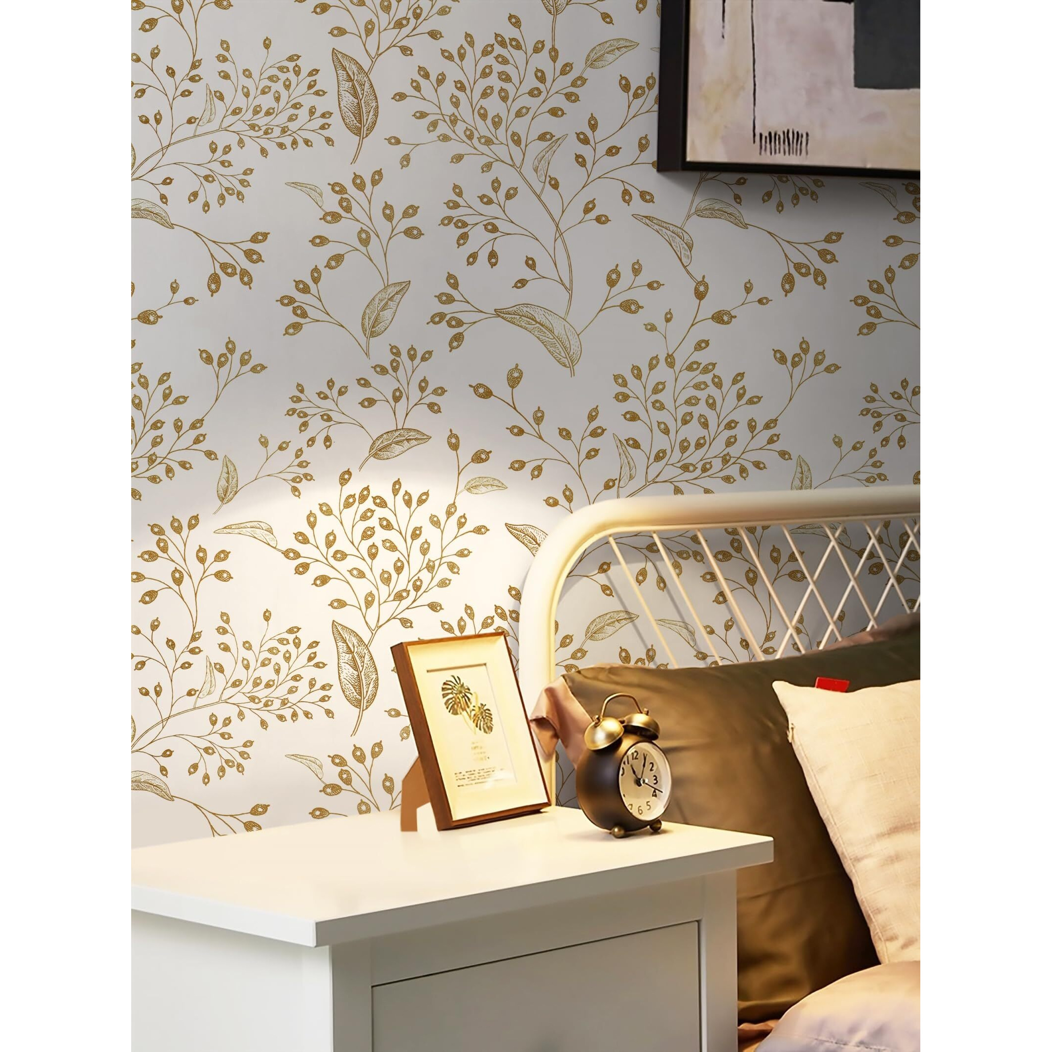 Heroad Peel And Stick Wallpaper 196"" X 17.3"" White Contact Paper Gold Floral Wall Paper Modern Boho Removable Contact Paper For Cabinets Drawers Bedroom Self Adhesive Vinyl Papel Tapiz Para Pared