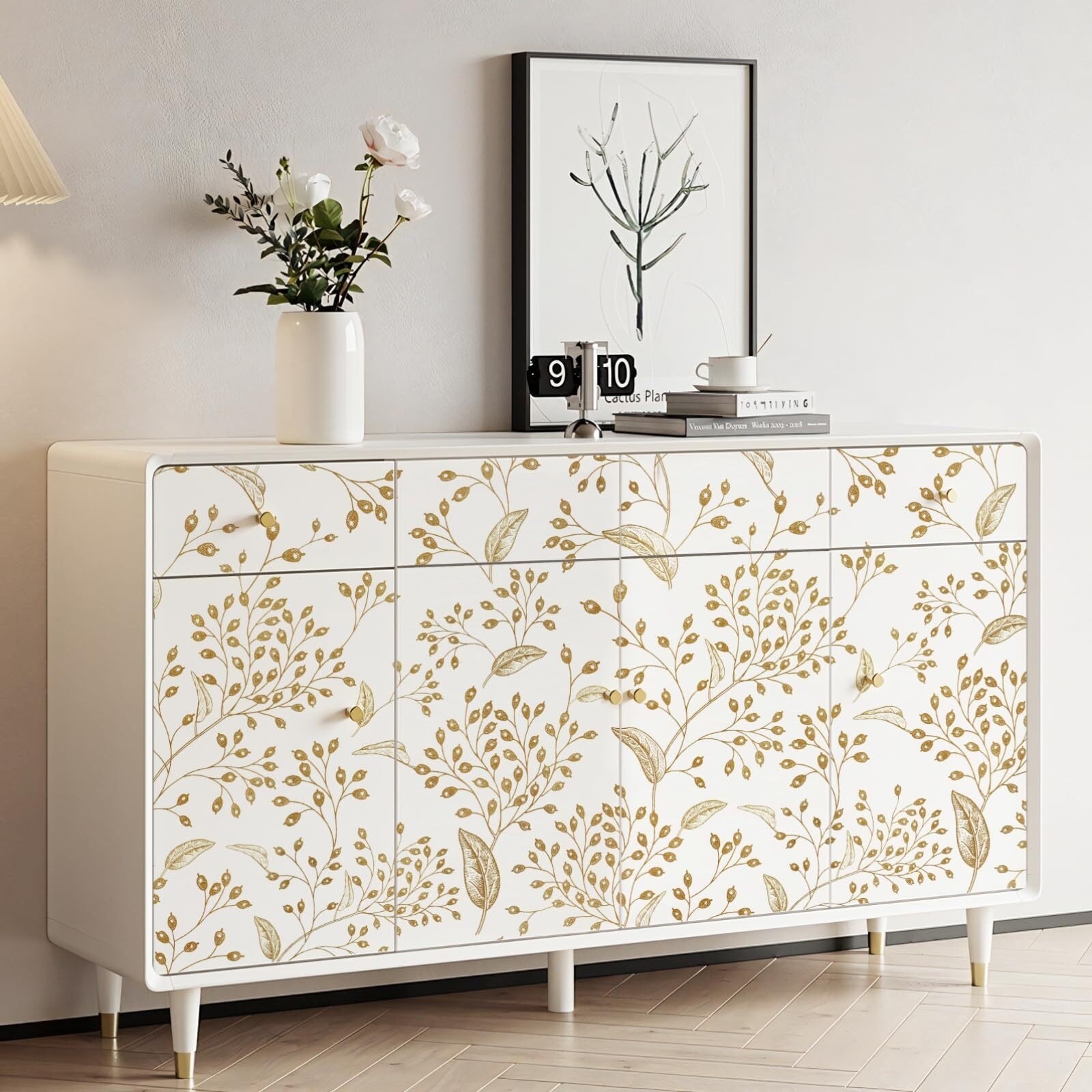 Heroad Peel And Stick Wallpaper 196"" X 17.3"" White Contact Paper Gold Floral Wall Paper Modern Boho Removable Contact Paper For Cabinets Drawers Bedroom Self Adhesive Vinyl Papel Tapiz Para Pared