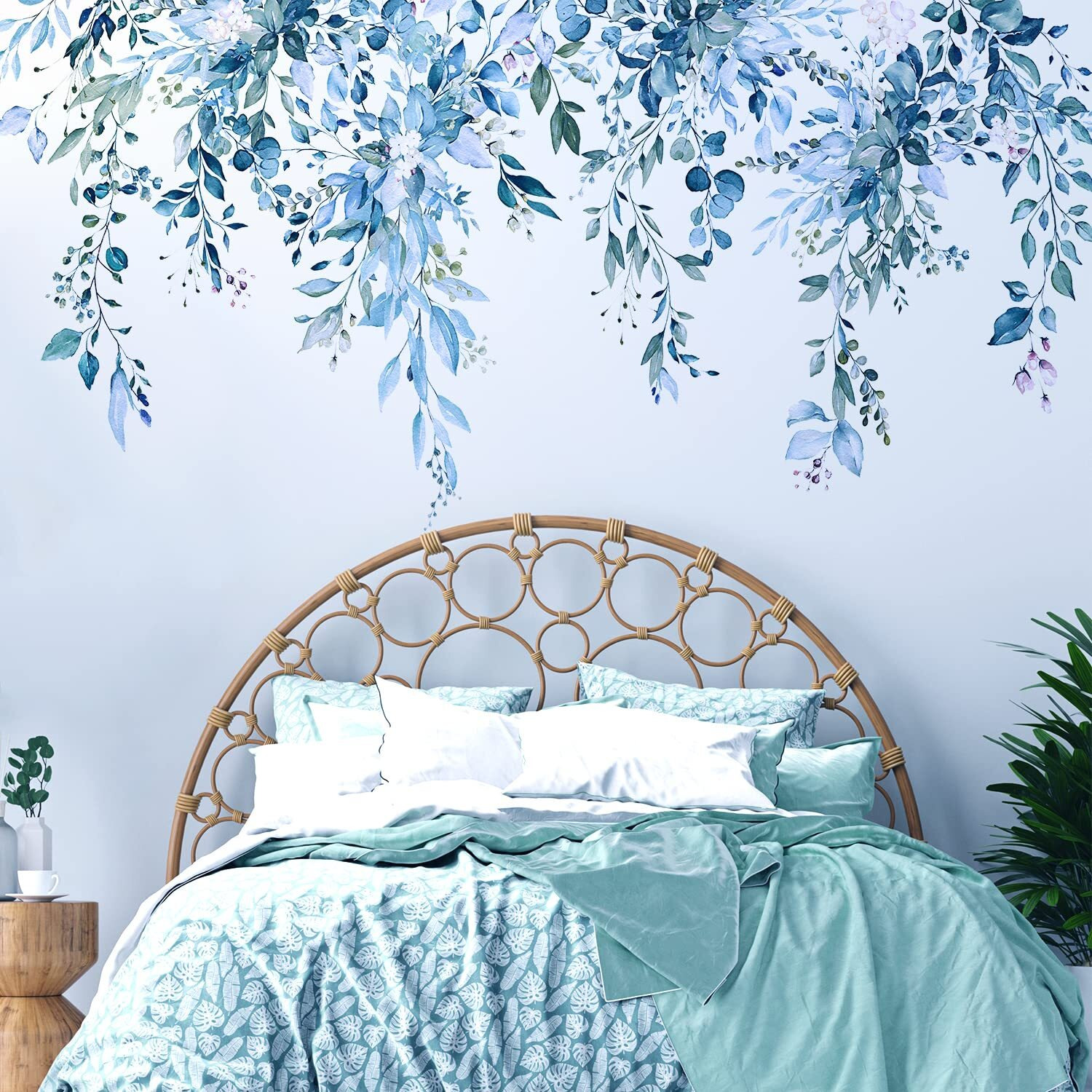 Vepret Blue Plants Leaves Wall Decals Peel And Stick  Large Floral Flowers Vinyl Wall Stickers  Removable Vine Home Decor Art For Bedroom Living Room Classroom Office