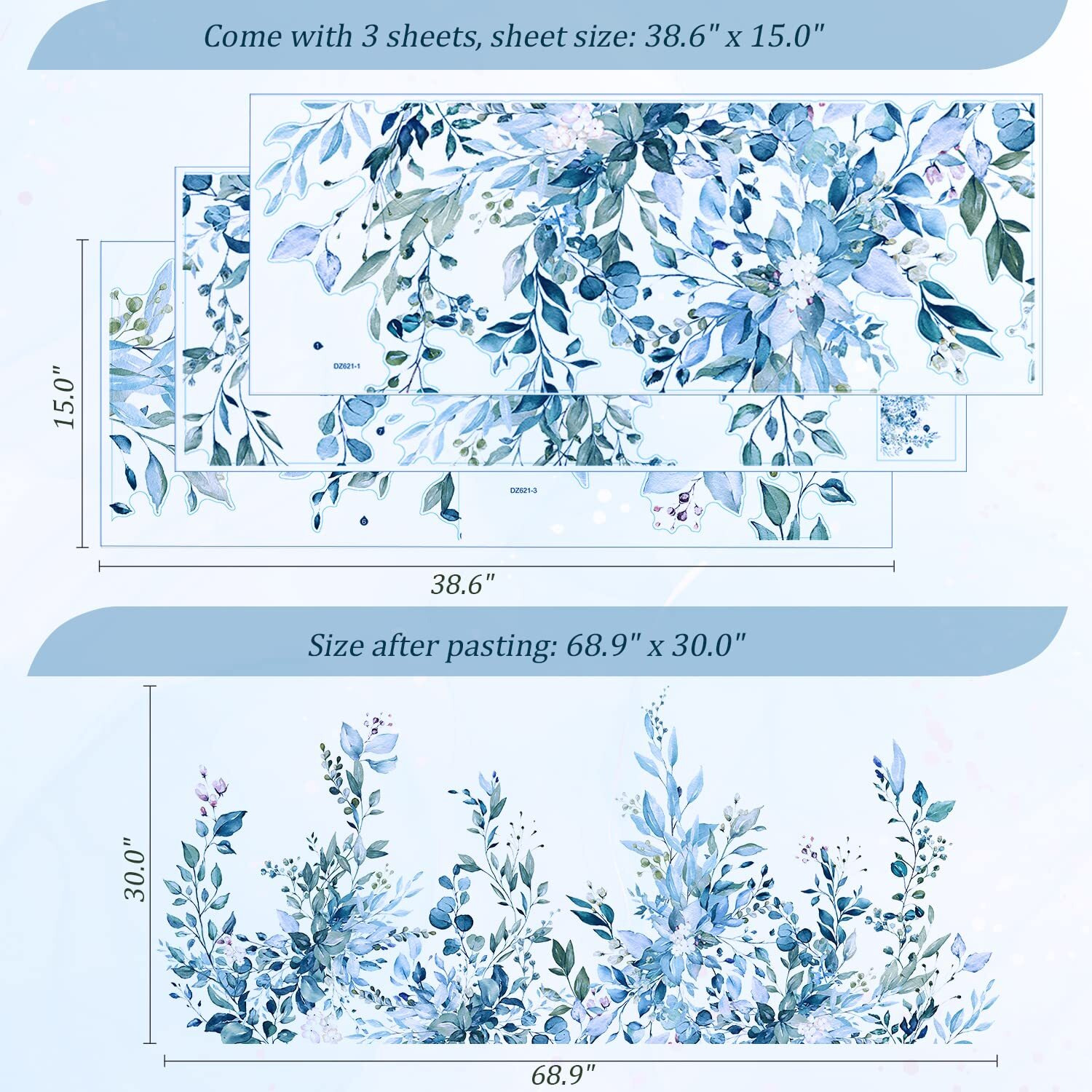 Vepret Blue Plants Leaves Wall Decals Peel And Stick  Large Floral Flowers Vinyl Wall Stickers  Removable Vine Home Decor Art For Bedroom Living Room Classroom Office