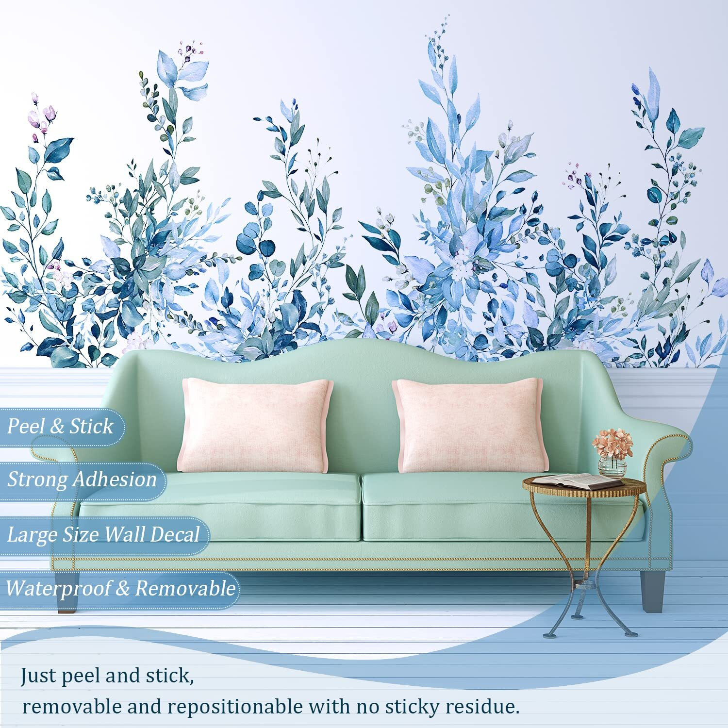 Vepret Blue Plants Leaves Wall Decals Peel And Stick  Large Floral Flowers Vinyl Wall Stickers  Removable Vine Home Decor Art For Bedroom Living Room Classroom Office