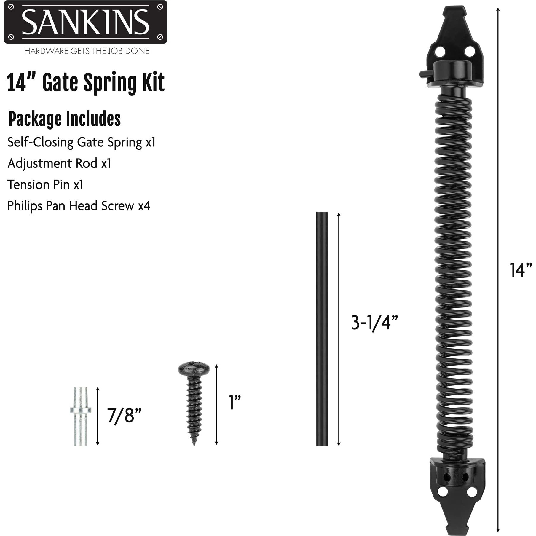 Sankins 14"" Gate Spring Self Closing Heavy Duty Outdoor Door Spring Automatic Metal Gate Closure Hardware With Adjustable Tool For Wooden And Vinyl Fence  Black