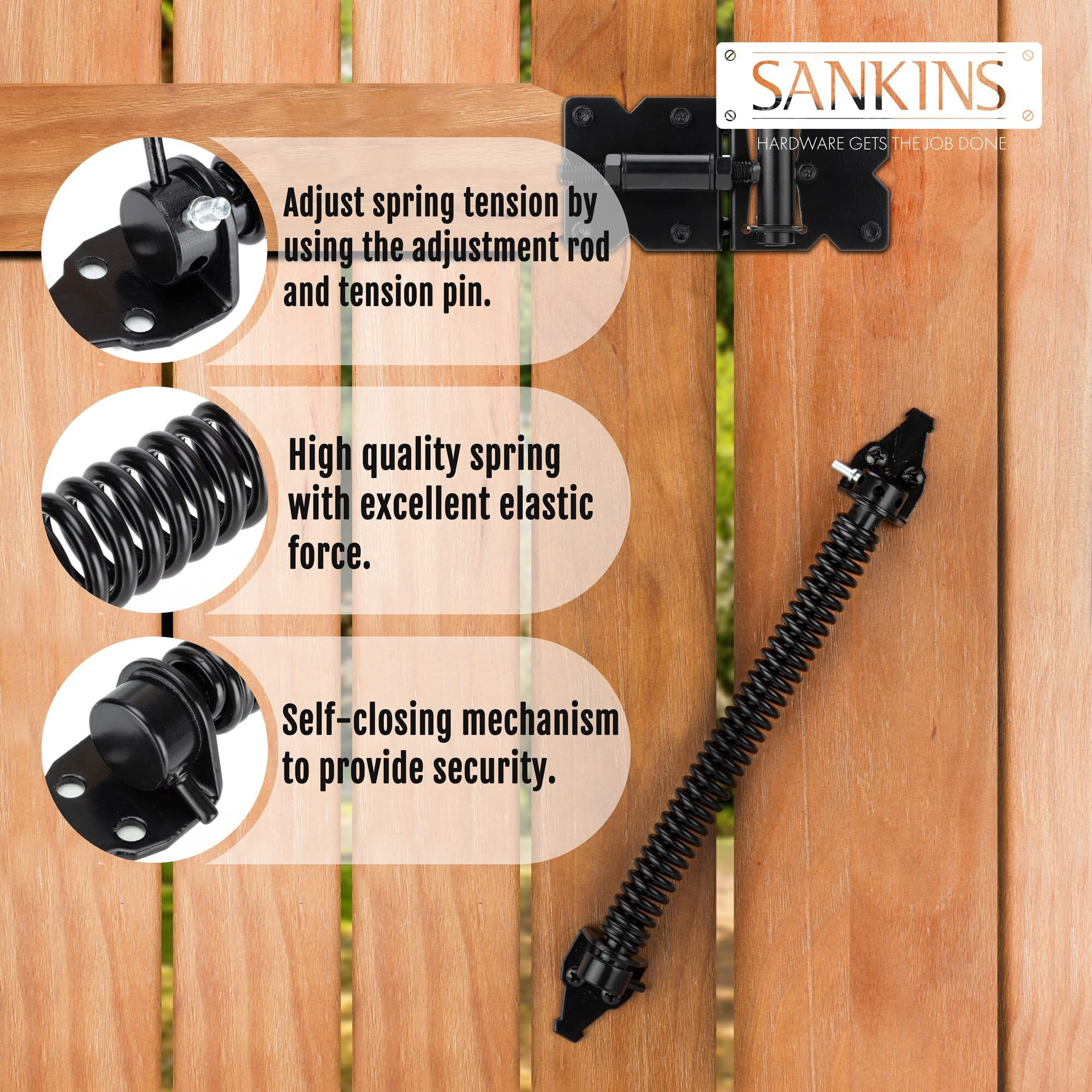Sankins 14"" Gate Spring Self Closing Heavy Duty Outdoor Door Spring Automatic Metal Gate Closure Hardware With Adjustable Tool For Wooden And Vinyl Fence  Black