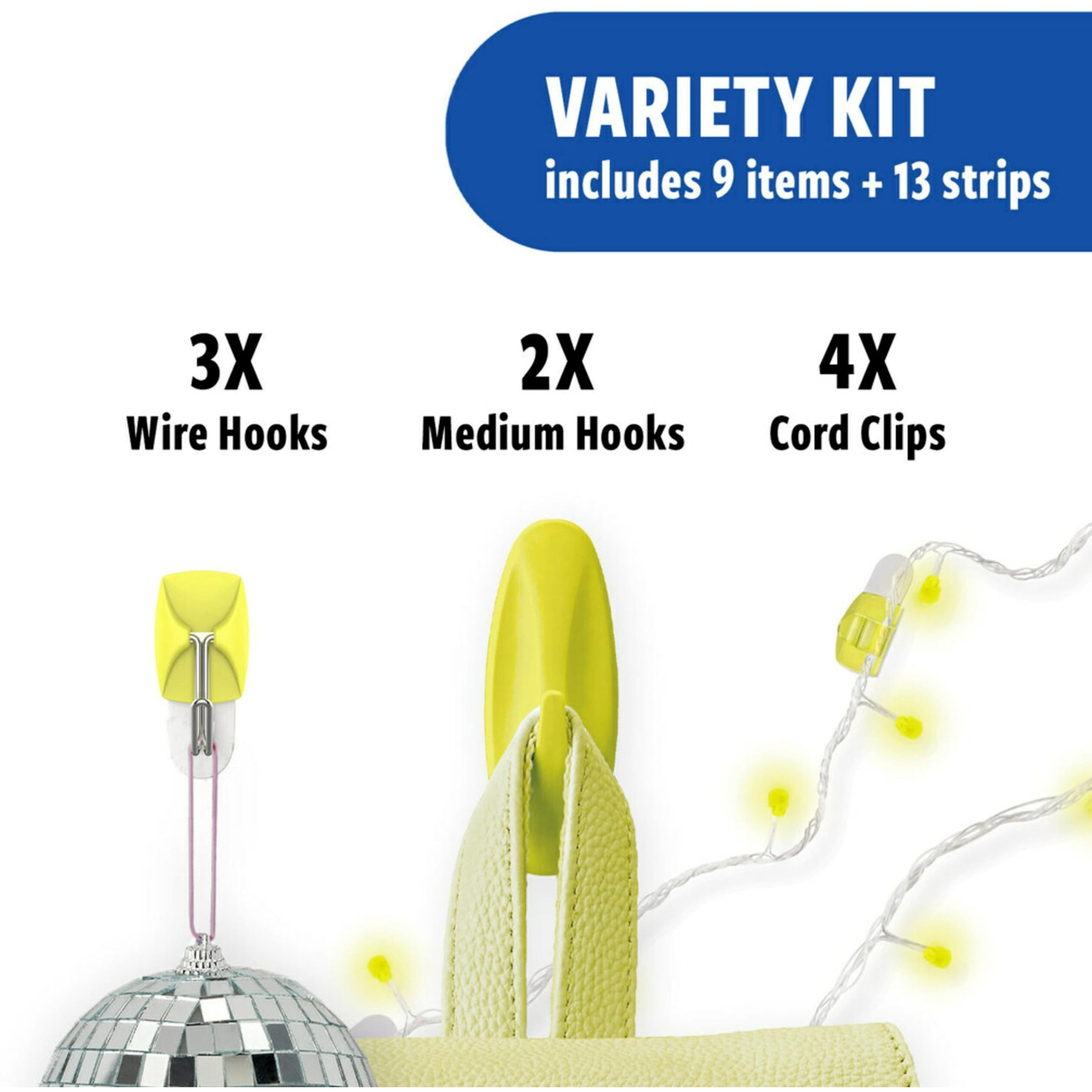 Command Mixed Hooks Pack - 9 Citron Hooks  13 Designer & Indoor Strips (2 Medium  3 Small 4 Clear Cord Clips  5 Small Strips)