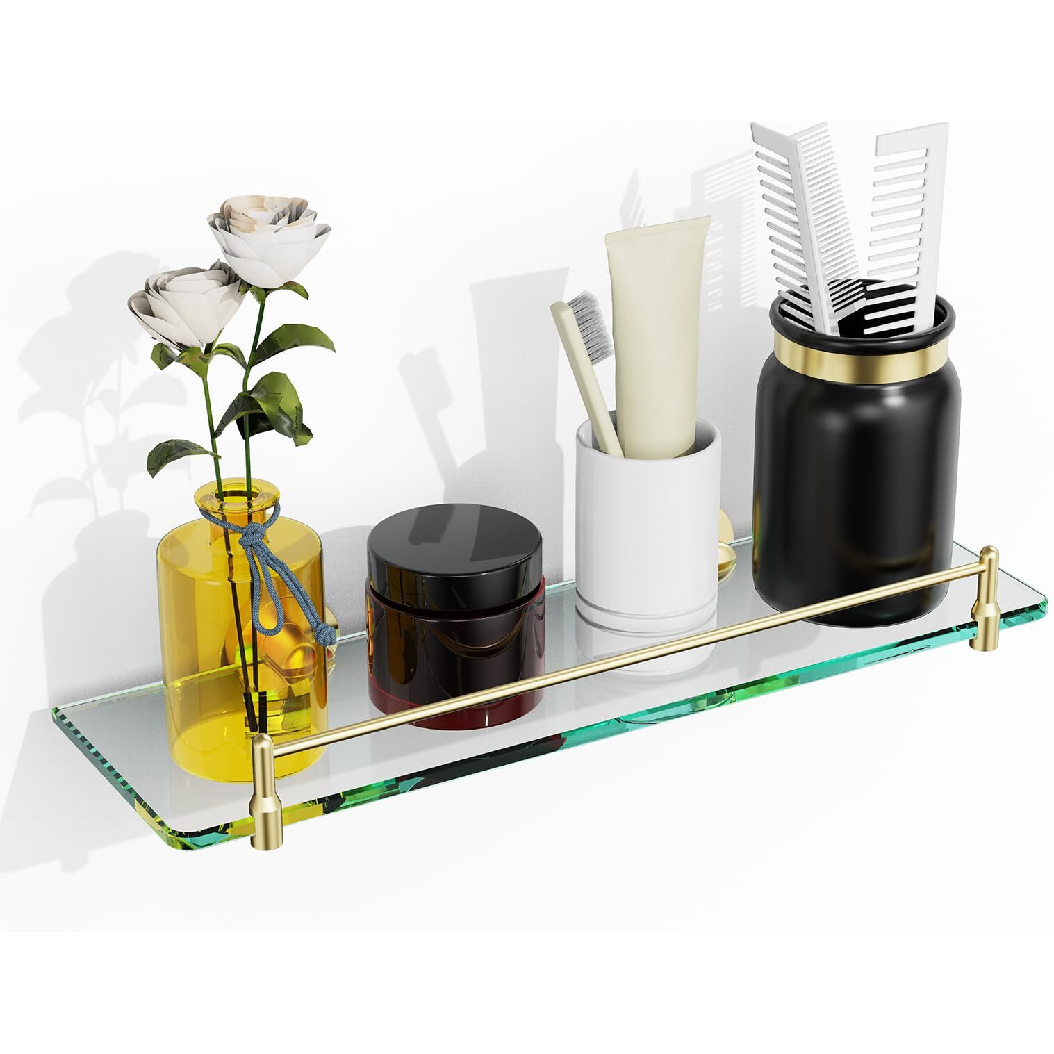 Kocok Glass Shelf For Bathroom 16-Inch Gold Glass Bathroom Shelf Modern Stainless Steel Tempered Glass Floating Glass Shelf For Wall Mount Accessories