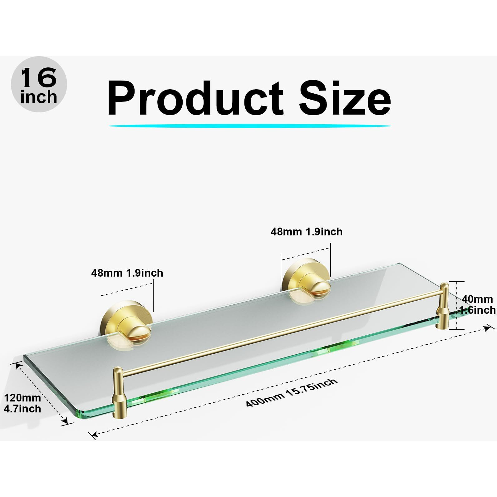 Kocok Glass Shelf For Bathroom 16-Inch Gold Glass Bathroom Shelf Modern Stainless Steel Tempered Glass Floating Glass Shelf For Wall Mount Accessories