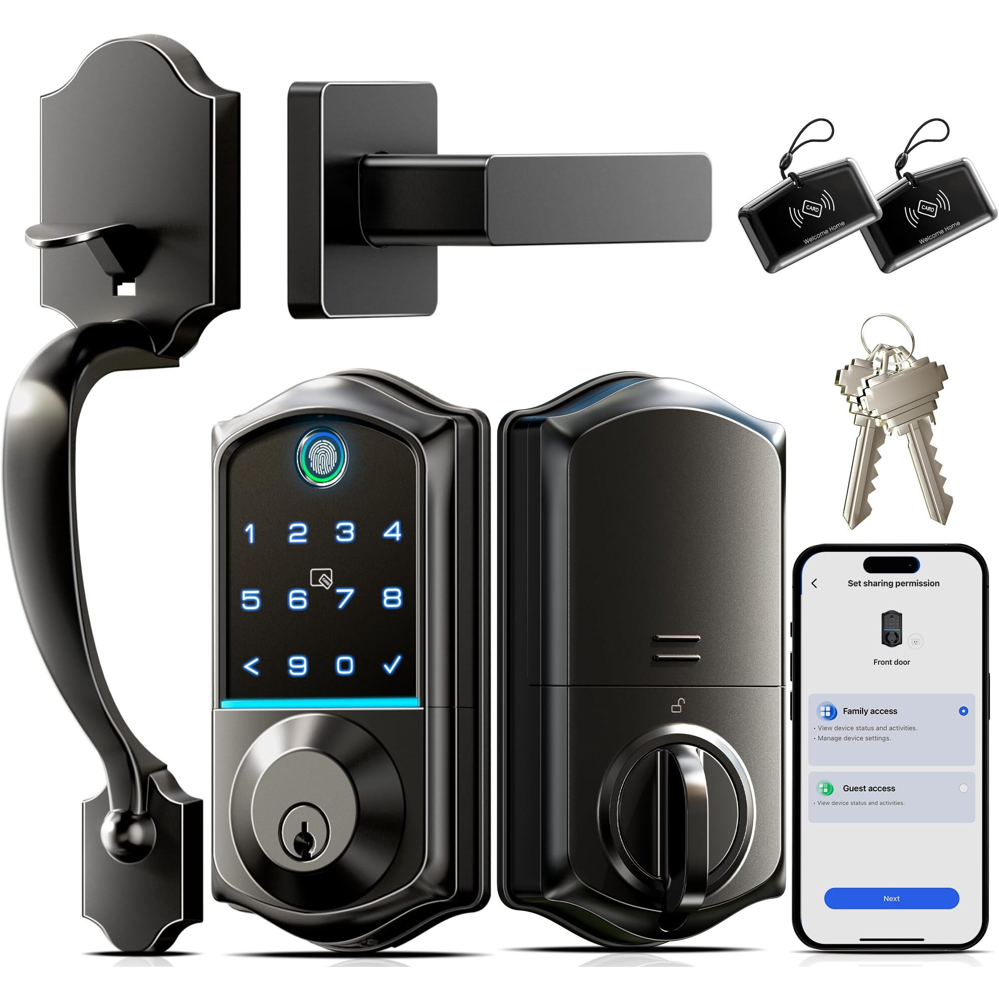 Veise Fingerprint Smart Front Door Lock Set  App Control  Keyless Entry Door Lock With Handle  Smart Deadbolt  Emergency Power Port  Digital Touchscreen Keypad  Auto Locking  Easy Install  Matte Black