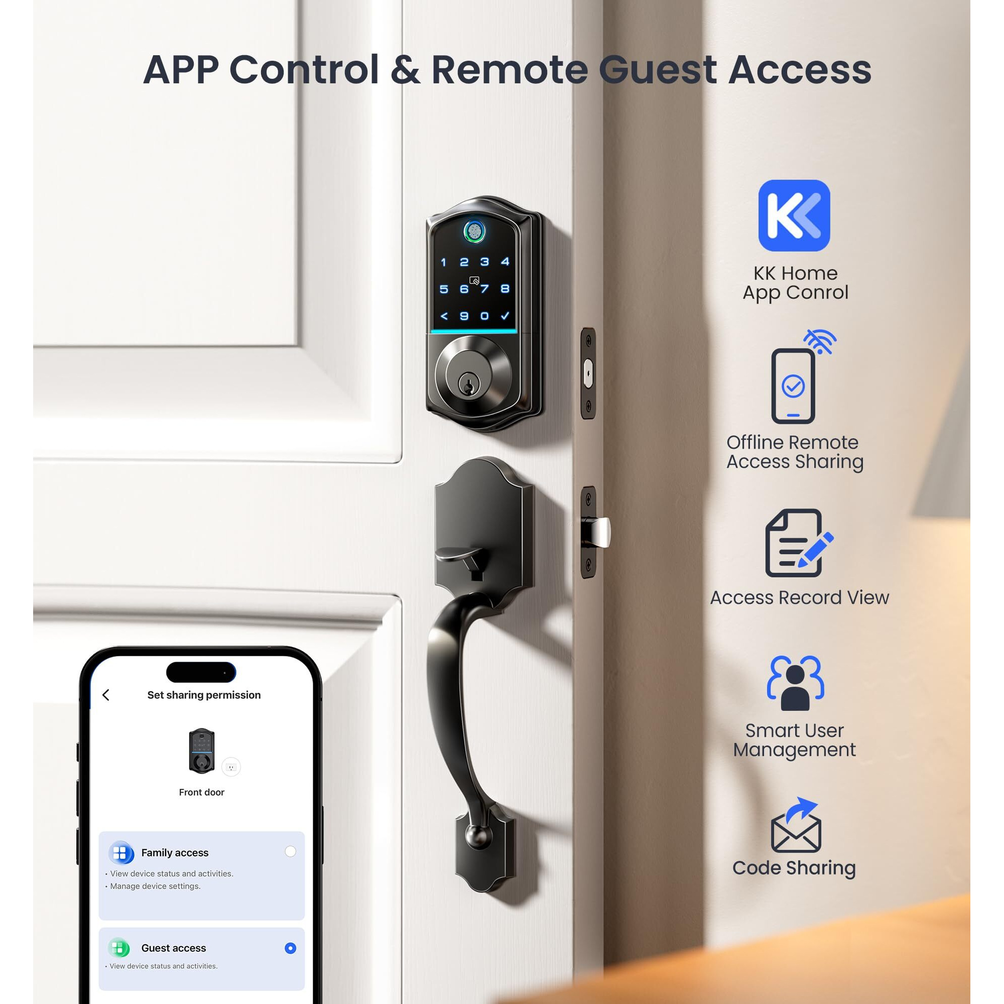 Veise Fingerprint Smart Front Door Lock Set  App Control  Keyless Entry Door Lock With Handle  Smart Deadbolt  Emergency Power Port  Digital Touchscreen Keypad  Auto Locking  Easy Install  Matte Black