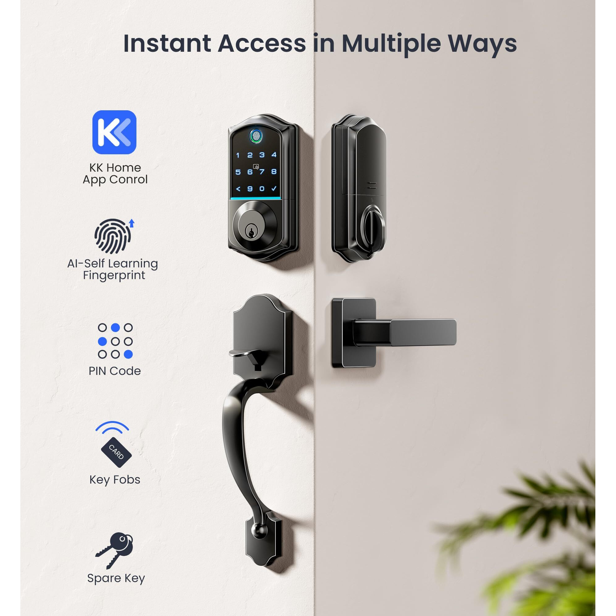 Veise Fingerprint Smart Front Door Lock Set  App Control  Keyless Entry Door Lock With Handle  Smart Deadbolt  Emergency Power Port  Digital Touchscreen Keypad  Auto Locking  Easy Install  Matte Black