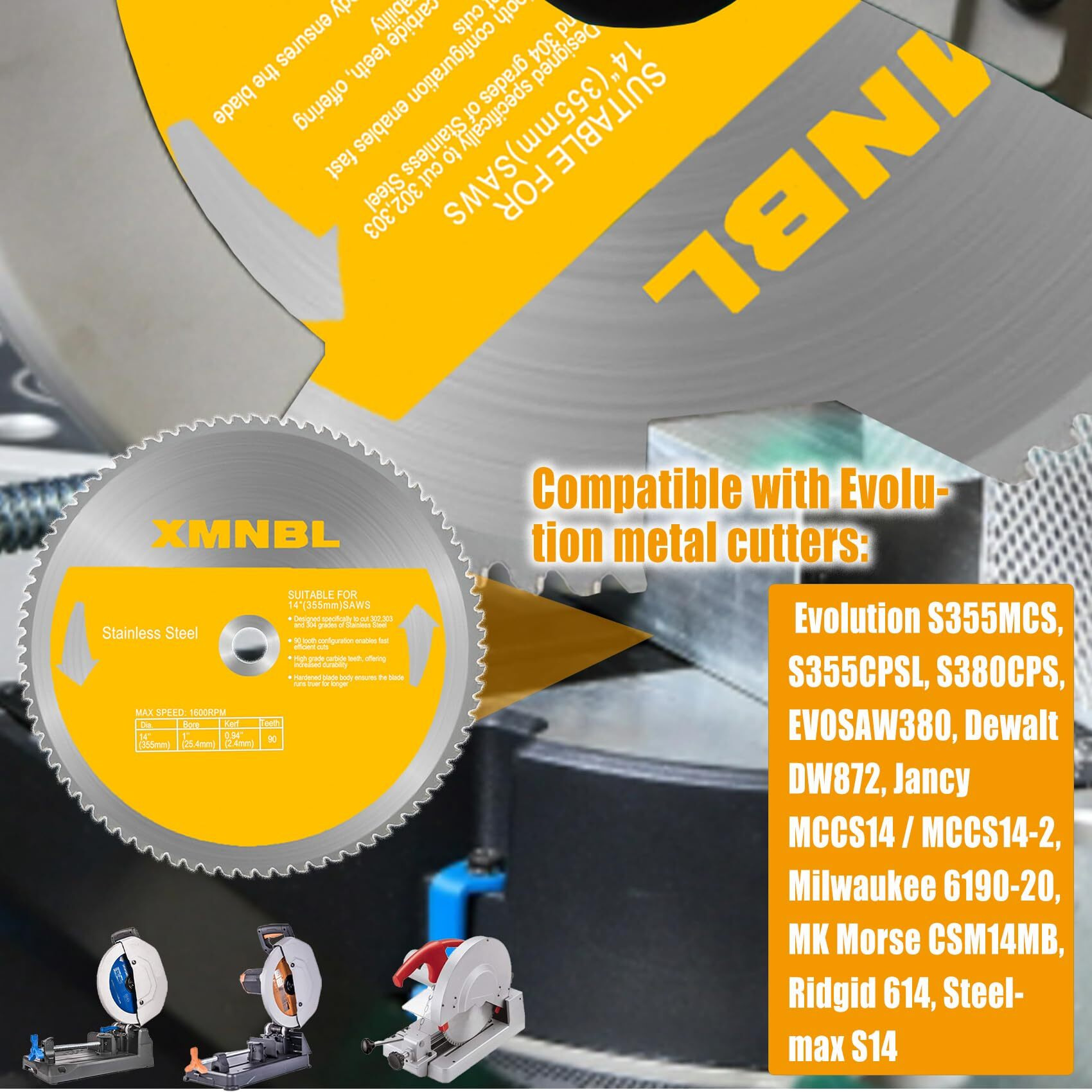 14 Inch Stainless Steel Cutting Saw Blade Replacement For Evolution 14 Inch Metal Saw Blade Compatible With Evolution S355Cps S355Cpsl S380Cps Metal Cutting Saws 14 Inch X 90 Teeth 1 Inch Center Shaft